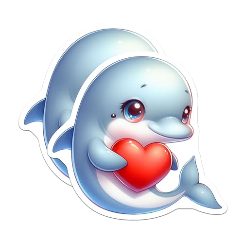 (2 Pack) Cute Dolphin Stickers - Animal Lover Stickers - Adorable Heart Holding Dolphin Decal - 5" On Longest Side - Sticks to Smooth Flat Surfaces - Made in USA - BMCS3633