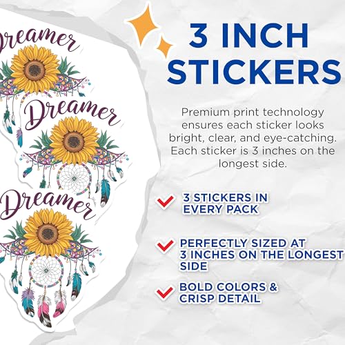 (3 Pack) Dreamer Sunflower Decals - Bohemian Decor - Laptop Decals - 3 Inches On Longest Side - Easy Peel & Apply - Made in USA - 3MCS6014