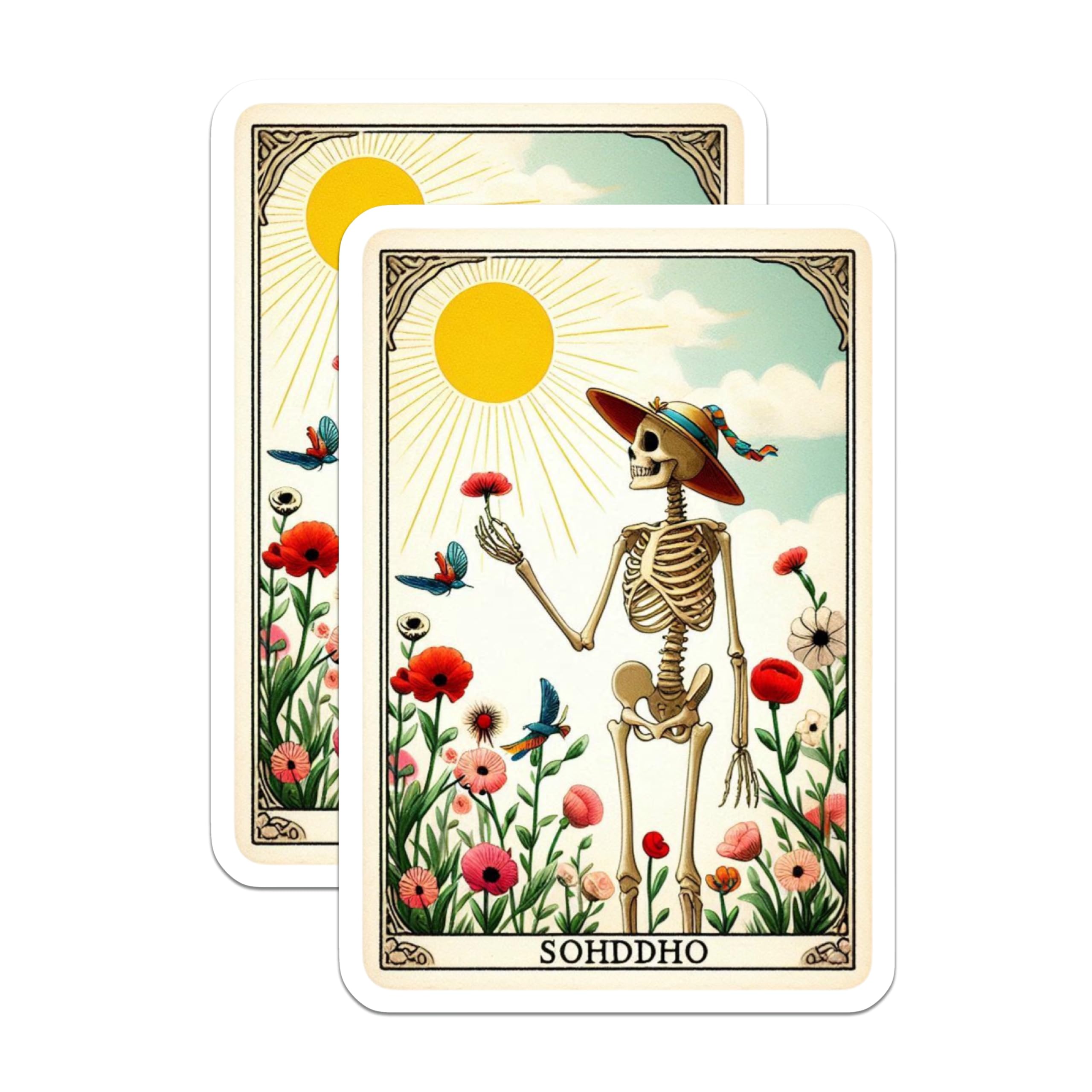(2 Pack) Dia de Los Muertos Magnets - Skeleton Sun Tarot Card Art - Vibrant Floral Mexican Folk Refrigerator Decor - 5 Inches On Longest Side - Thick Durable Magnet - Made in USA - MAG22956