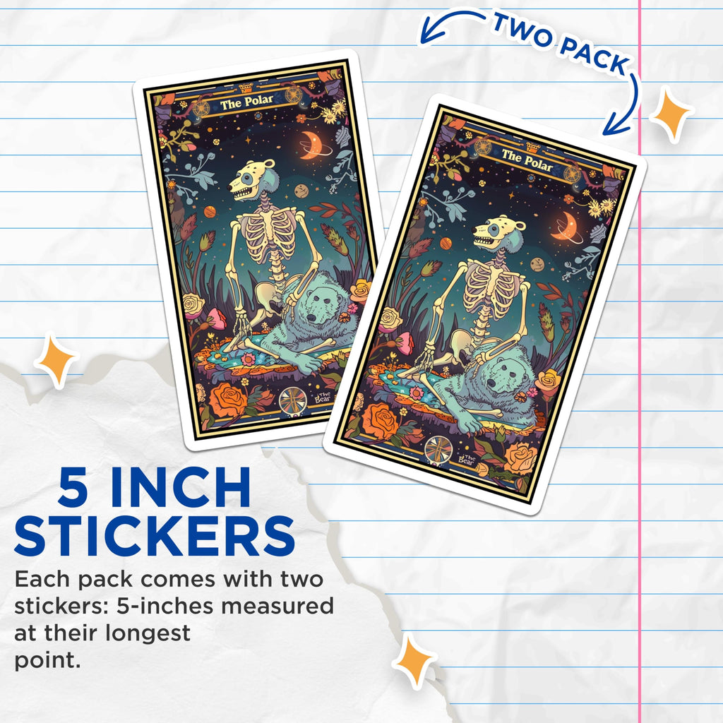 (2 Pack) Skeleton Bear Stickers - Tarot Style Stickers - Unique Animal Design Stickers - 5" On Longest Side - Sticks to Smooth Flat Surfaces - Made in USA - BMCS3665