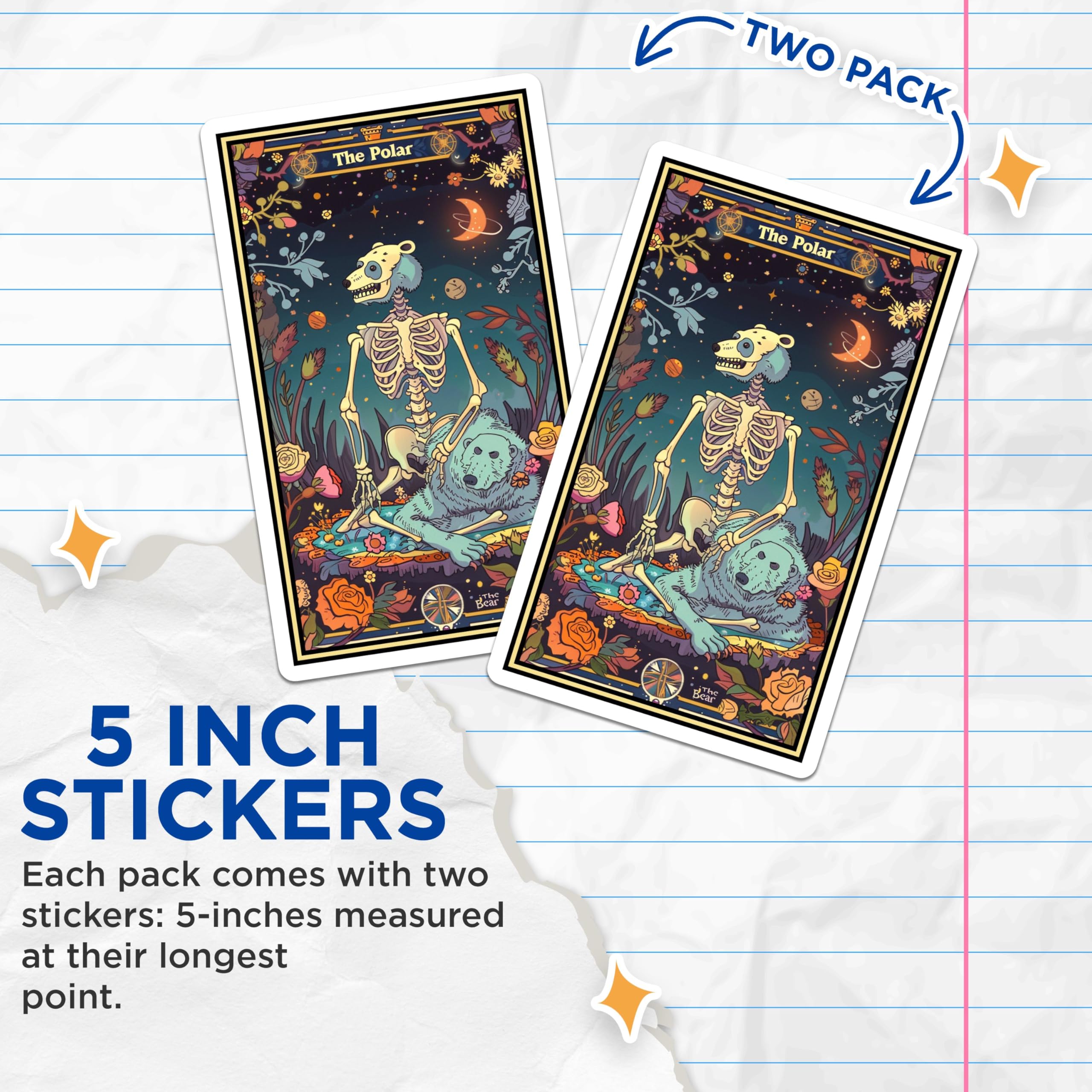 (2 Pack) Skeleton Bear Stickers - Tarot Style Stickers - Unique Animal Design Stickers - 5" On Longest Side - Sticks to Smooth Flat Surfaces - Made in USA - BMCS3665