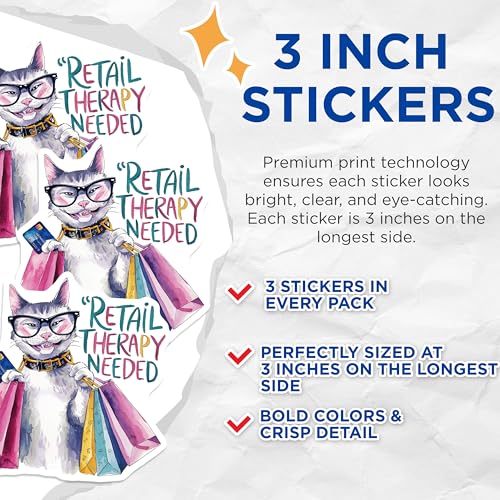 (3 Pack) Retail Therapy Cat Decals - Shopping Lover - Funny Feline - 3 Inches On Longest Side - Easy Peel & Apply - Made in USA - 3MCS7319