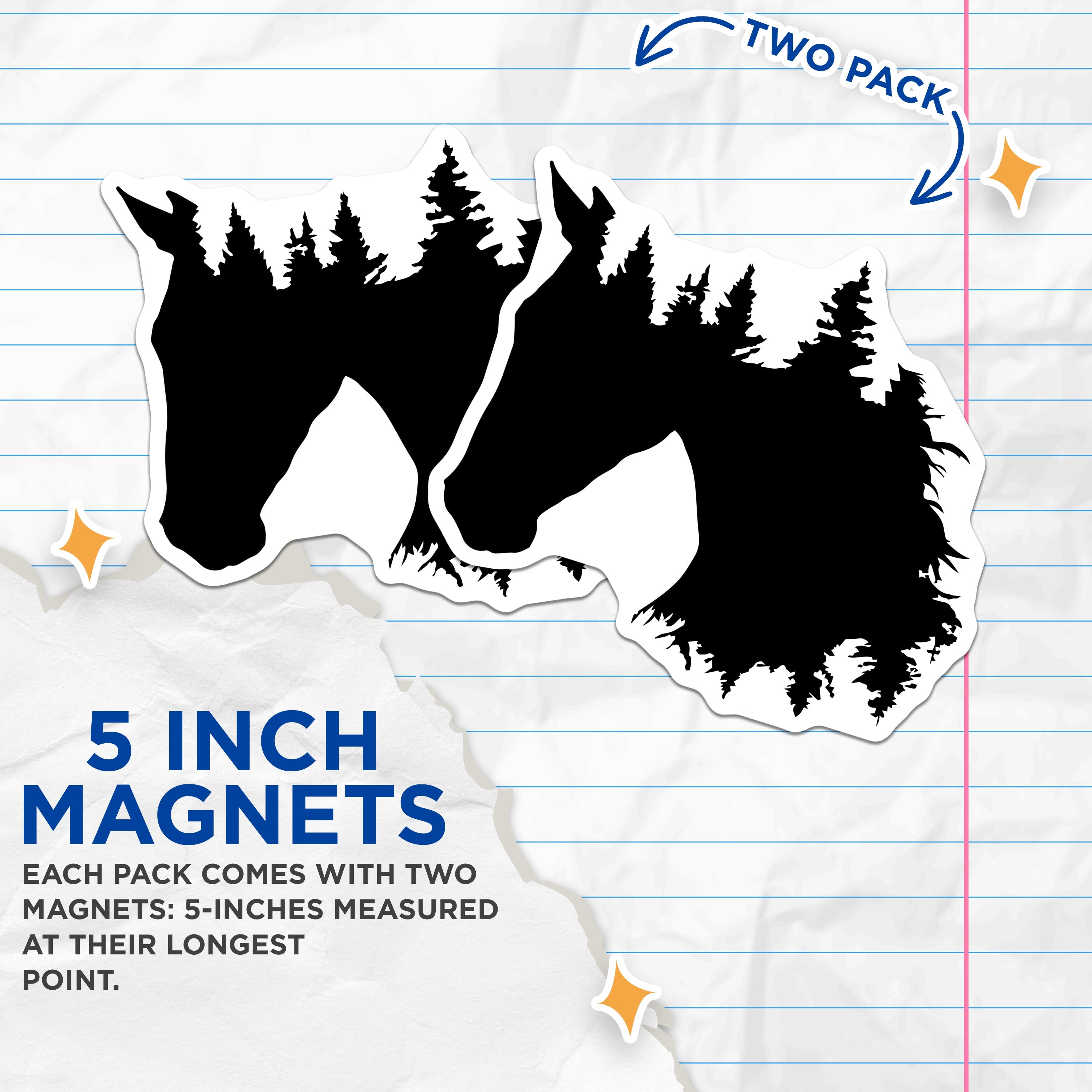 (2 Pack) Horse Forest Magnets - Nature Silhouette - Equestrian Decor Fridge Magnet - 5 Inches On Longest Side - Thick Durable Magnet - Made in USA - MAG38012