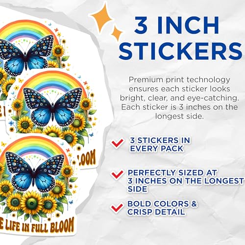 (3 Pack) Butterfly Rainbow Decals - Sunflower Art Sticker - Live Life Bloom Stickers - 3 Inches On Longest Side - Easy Peel & Apply - Made in USA - 3MCS8508