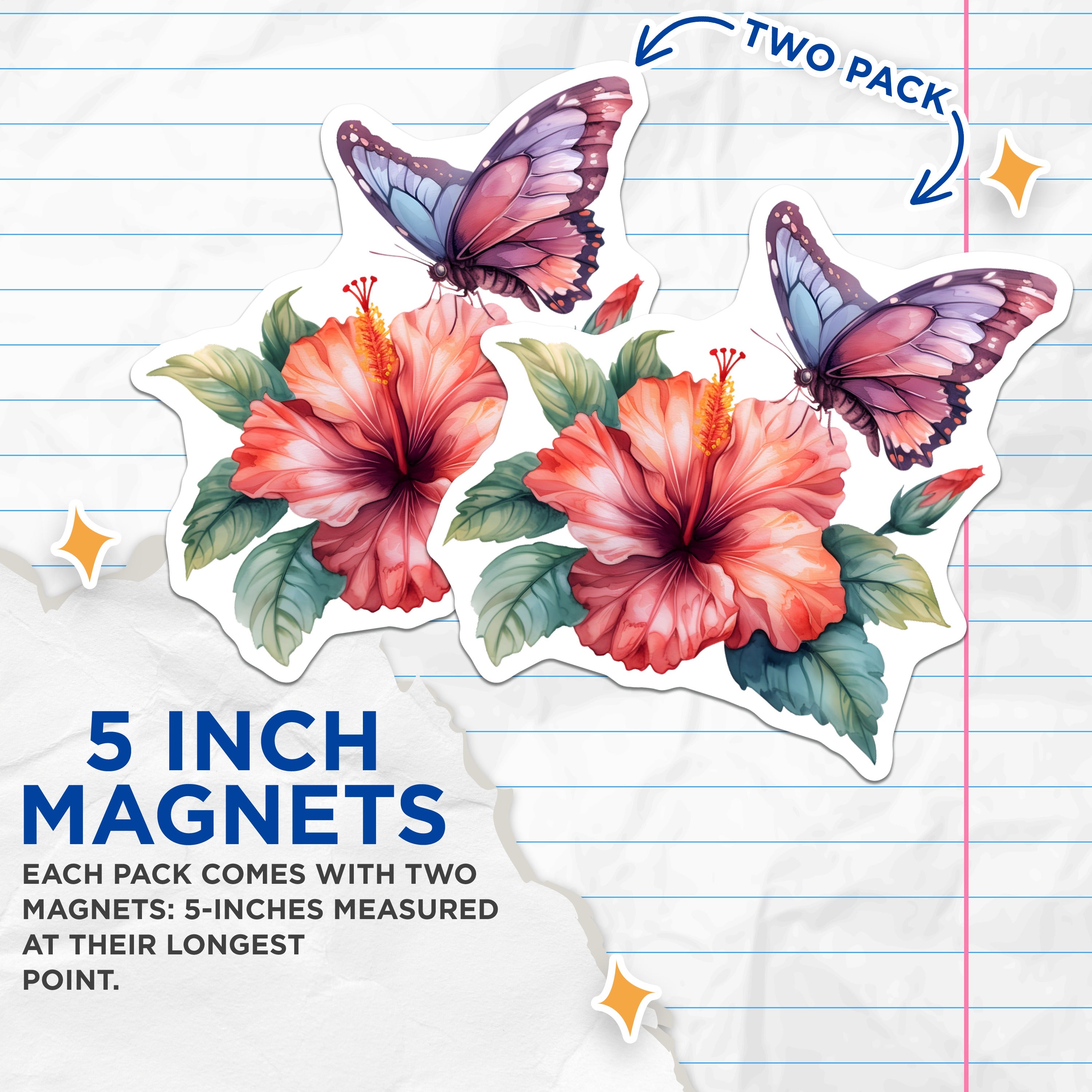 (2 Pack) Butterfly Hibiscus Magnets - Tropical Flower Refrigerator Decor - Nature Art Botanical Kitchen Accent - 5 Inches On Longest Side - Thick Durable Magnet - Made in USA - MAG39223