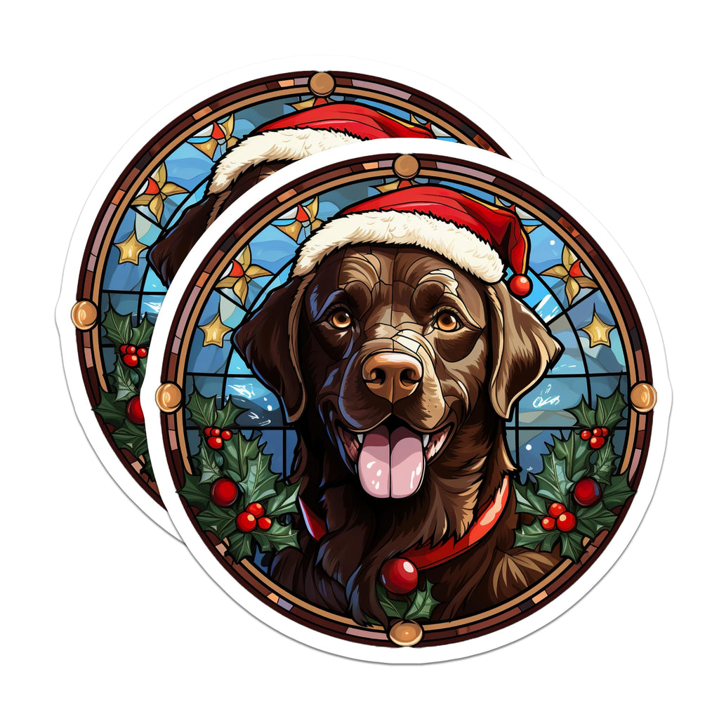(2 Pack) Christmas Chocolate Lab Magnets - Stained Glass Labrador Art - Festive Dog Refrigerator Decor - 5 Inches On Longest Side - Thick Durable Magnet - Made in USA - MAG24979