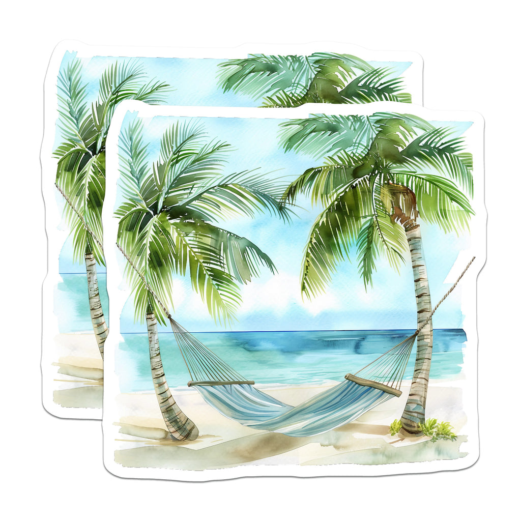 (2 Pack) Tropical Beach Hammock Magnets - Watercolor Palm Tree Scene - Coastal Ocean Decor - Summer Relax Vibe - 5 Inches On Longest Side - Thick Durable Magnet - Made in USA - MAG39081