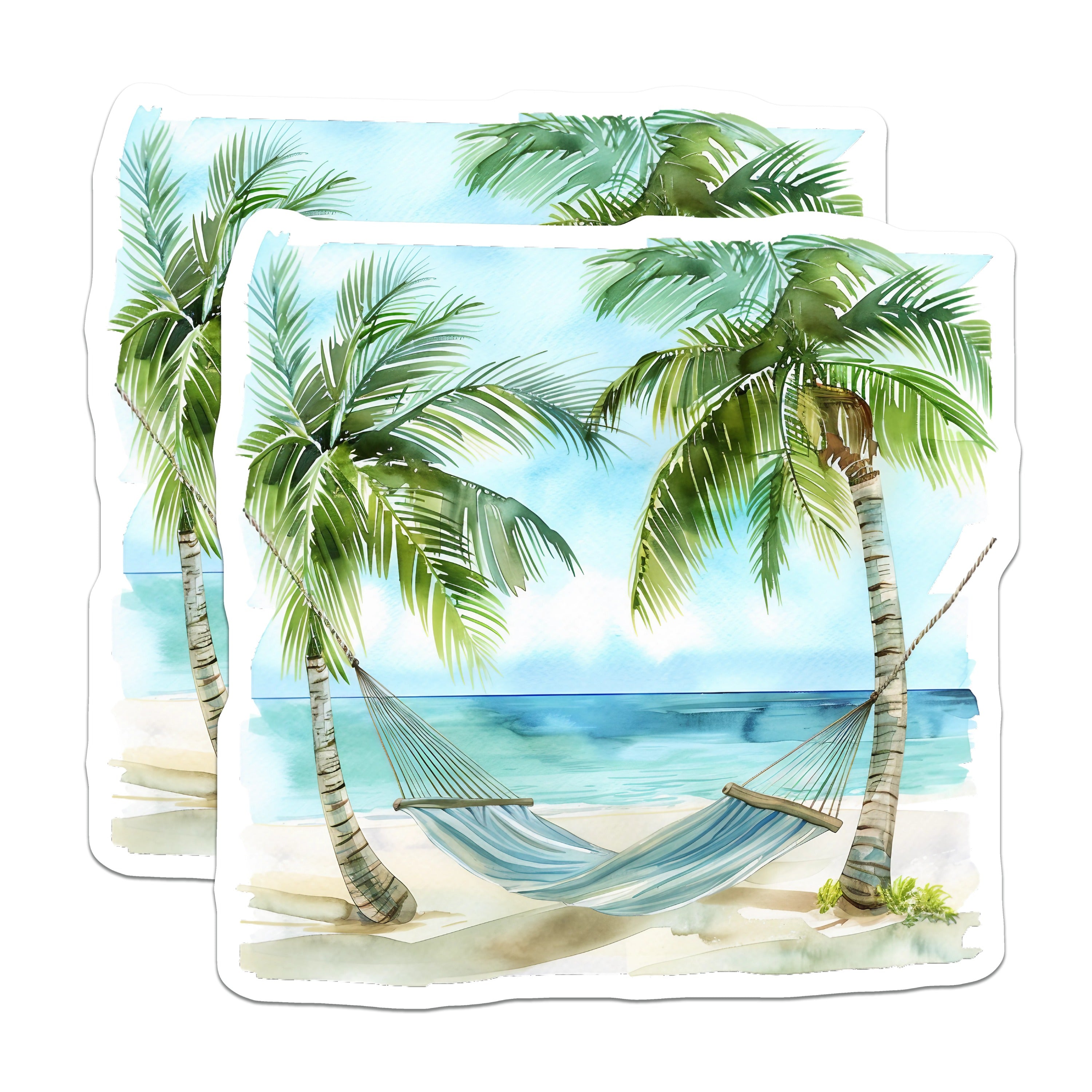 (2 Pack) Tropical Beach Hammock Magnets - Watercolor Palm Tree Scene - Coastal Ocean Decor - Summer Relax Vibe - 5 Inches On Longest Side - Thick Durable Magnet - Made in USA - MAG39081