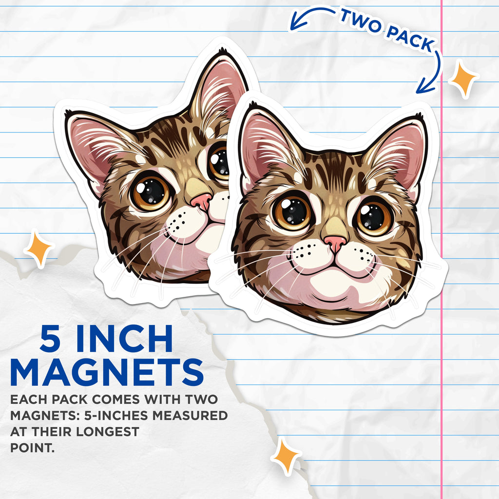 (2 Pack) Cute Cat Head Magnets - Kawaii Animal Lover Decor - Kitten Refrigerator Accent - 5 Inches On Longest Side - Thick Durable Magnet - Made in USA - MAG36066