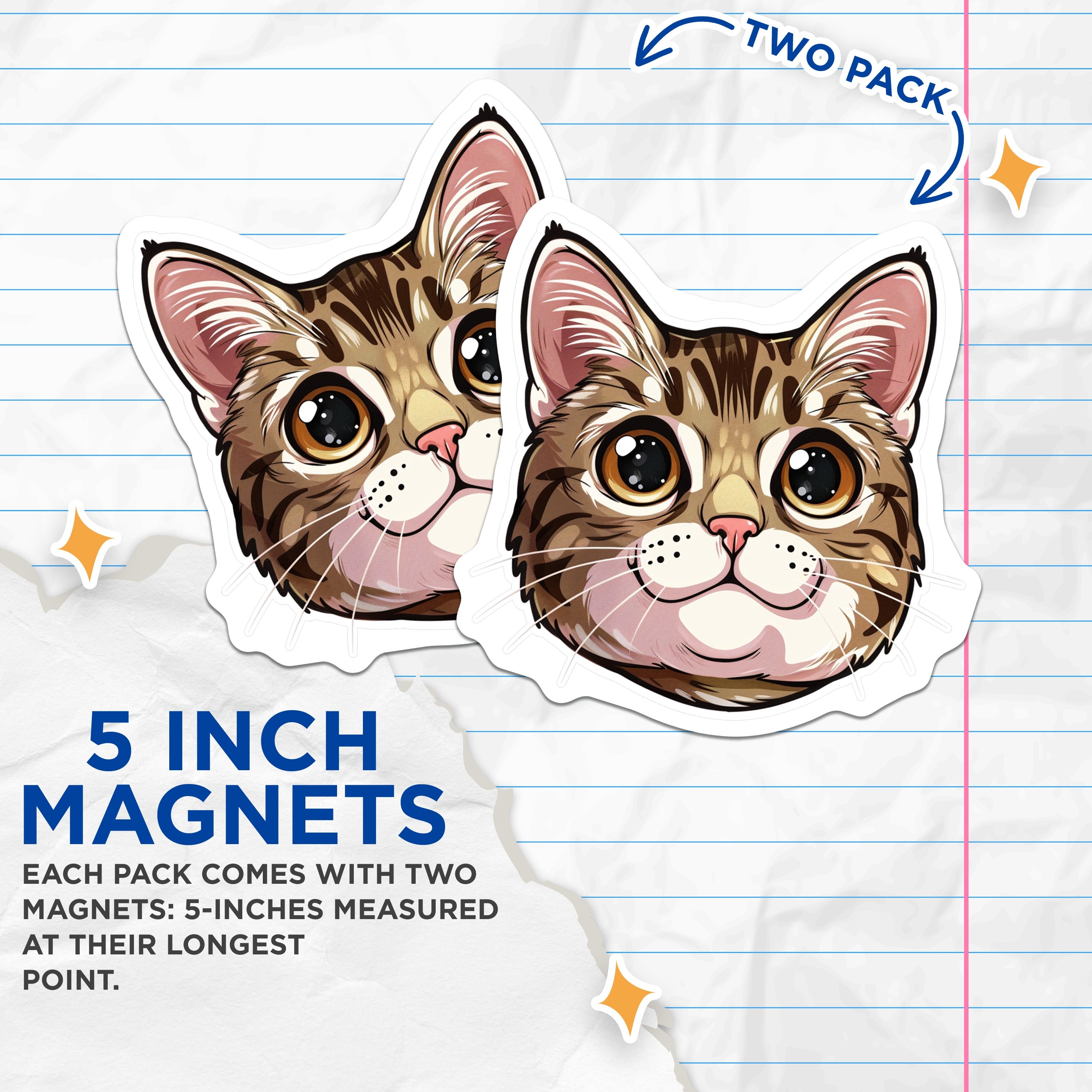 (2 Pack) Cute Cat Head Magnets - Kawaii Animal Lover Decor - Kitten Refrigerator Accent - 5 Inches On Longest Side - Thick Durable Magnet - Made in USA - MAG36066
