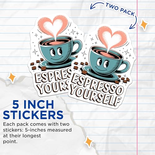 (2 Pack) Espresso Yourself Stickers - Cute Coffee Stickers - Funny Coffee Quote Decal - 5" On Longest Side - Sticks to Smooth Flat Surfaces - Made in USA - BMCS4603