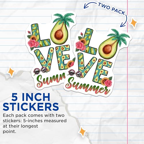 (2 Pack) Love Summer Stickers - Avocado Flower Palm Tree Design - Fun Tropical Illustration Decals - 5" On Longest Side - Sticks to Smooth Flat Surfaces - Made in USA - BMCS8384
