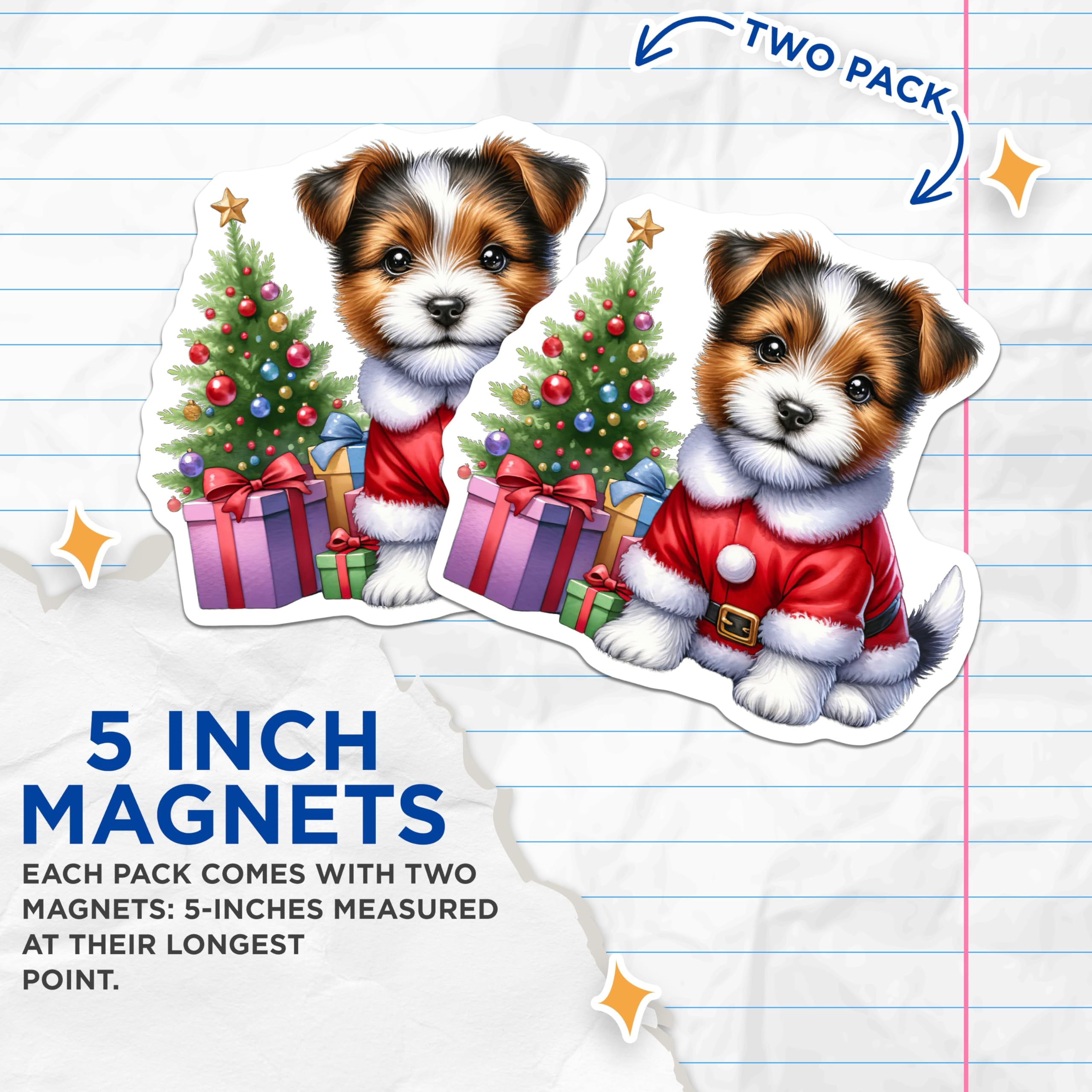 (2 Pack) Christmas Puppy Magnets - Santa Dog Holiday Decor - Cute Animal Fridge Accessories - Stocking Stuffer for Pet Lovers - 5 Inches On Longest Side - Thick Durable Magnet - Made in USA - MAG30970