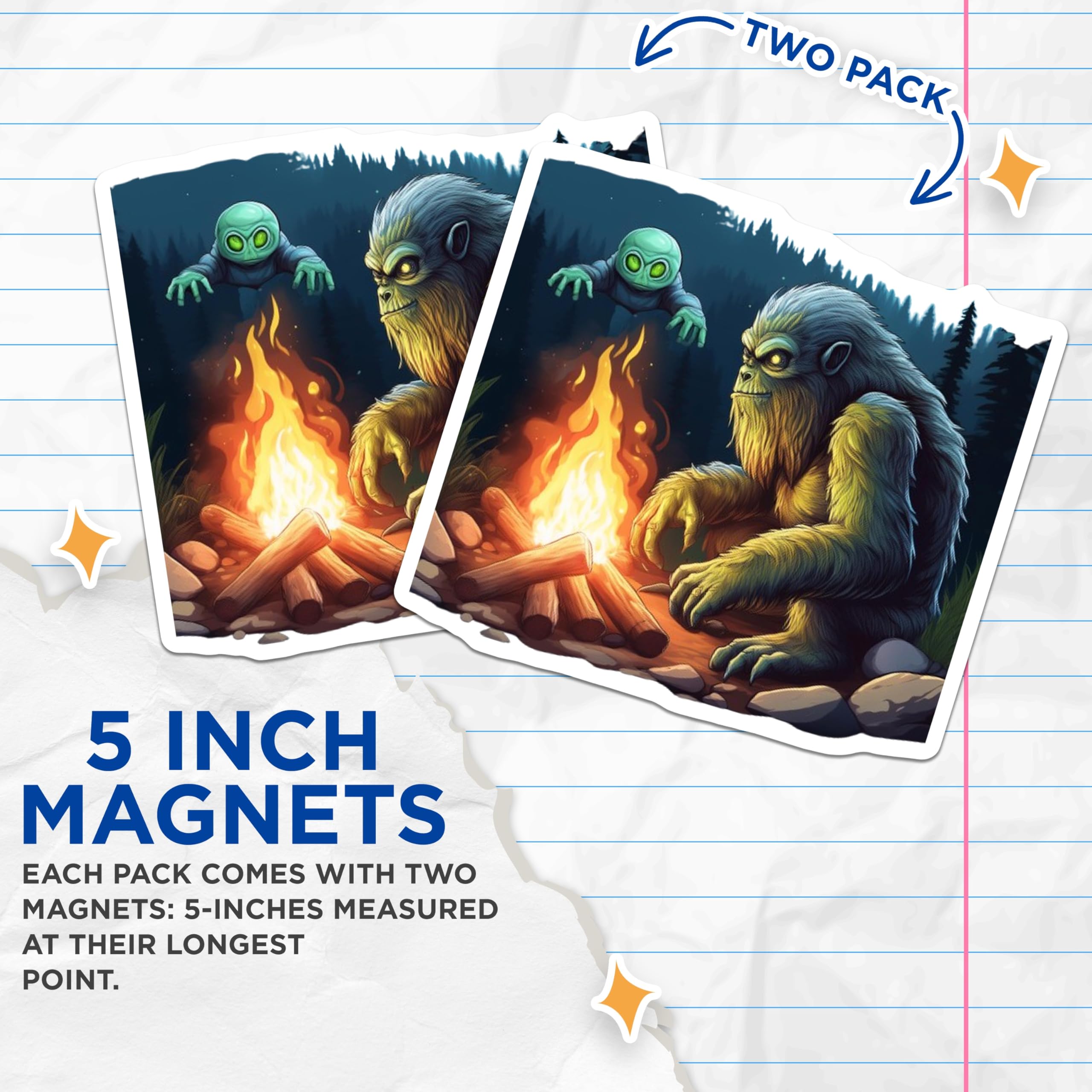 (2 Pack) Bigfoot Magnets - Alien Campfire Adventure - Cryptid Forest Night Scene - 5 Inches On Longest Side - Thick Durable Magnet - Made in USA - MAG21900