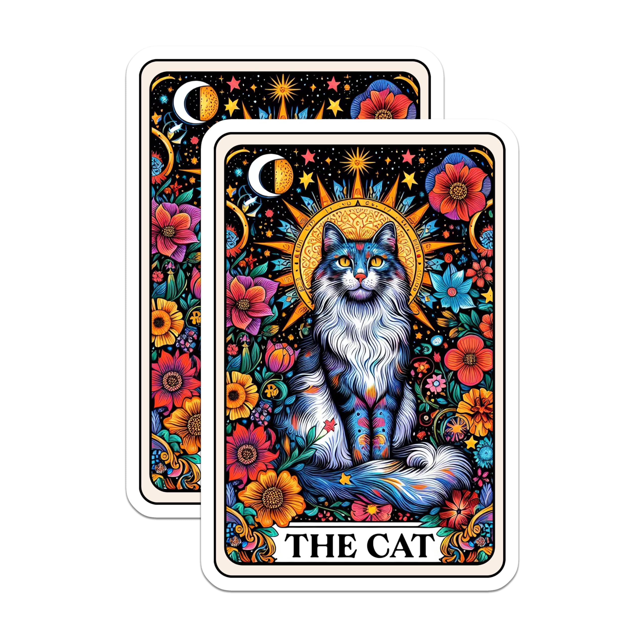 (2 Pack) Cat Tarot Card Stickers - Boho Cat Stickers - Mystical Animal Stickers - 5" On Longest Side - Sticks to Smooth Flat Surfaces - Made in USA - BMCS4448