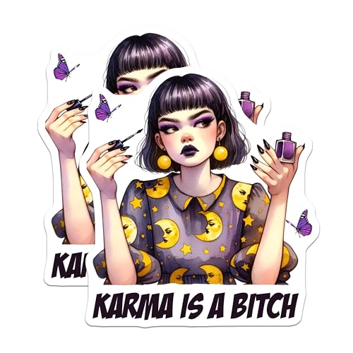 (2 Pack) Karma is A Bitch Stickers - Sarcastic Goth Art - Unique Moon Pattern Sticker - 5" On Longest Side - Sticks to Smooth Flat Surfaces - Made in USA - BMCS9039