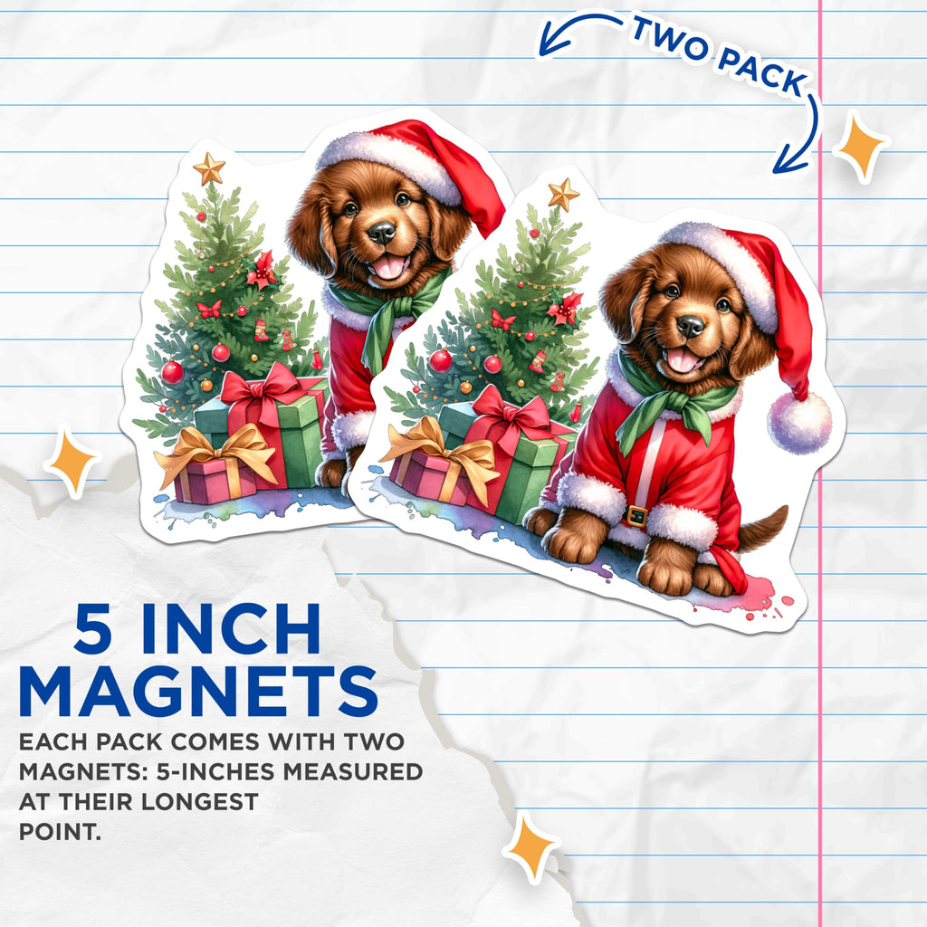 (2 Pack) Christmas Puppy Magnets - Santa Dog Holiday Decor - Cute Animal Refrigerator Art - 5 Inches On Longest Side - Thick Durable Magnet - Made in USA - MAG25907