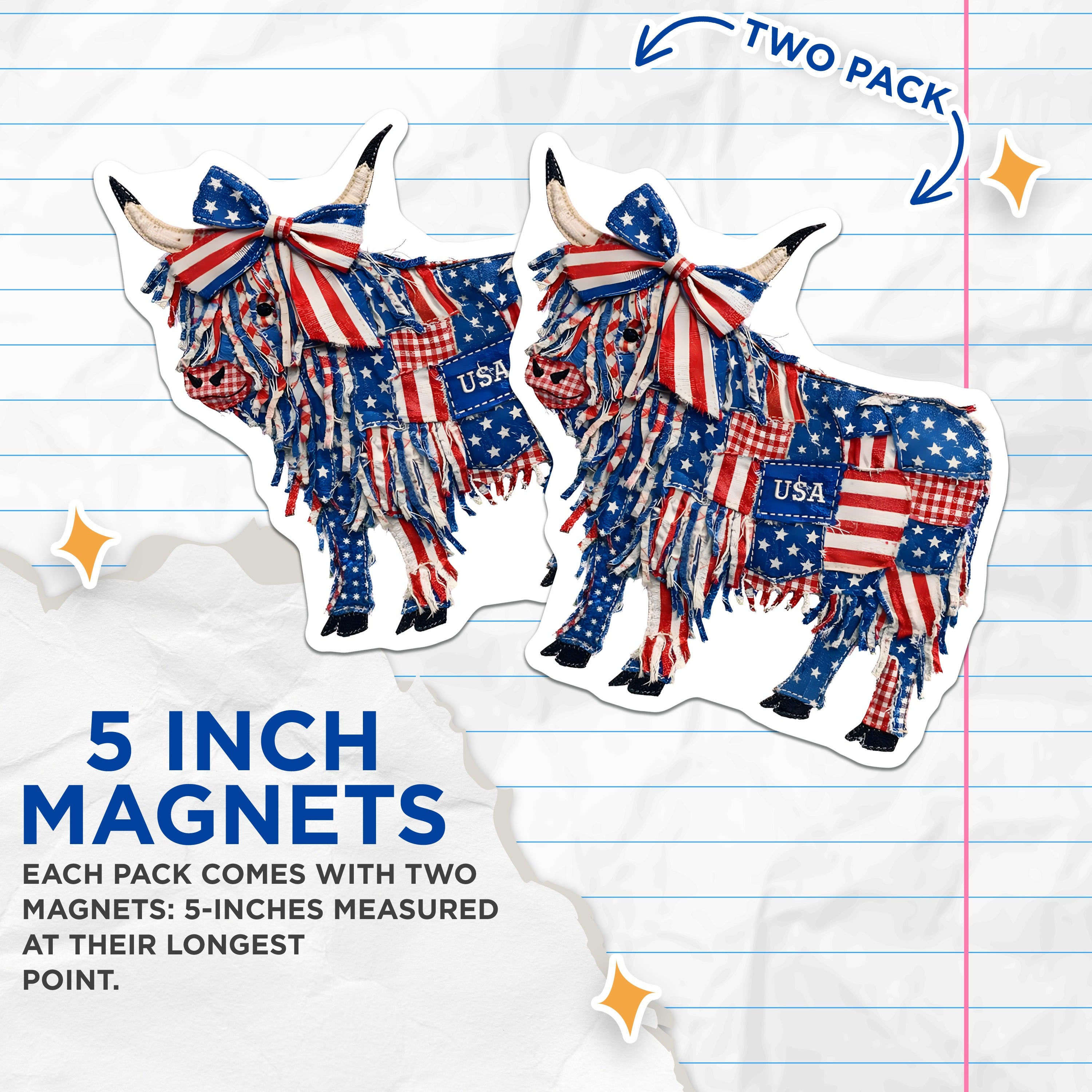 (2 Pack) American Flag Cow Magnets - Patriotic Highland Animal Decor - 4th of July Farmhouse Kitchen Art - 5 Inches On Longest Side - Thick Durable Magnet - Made in USA - MAG38776