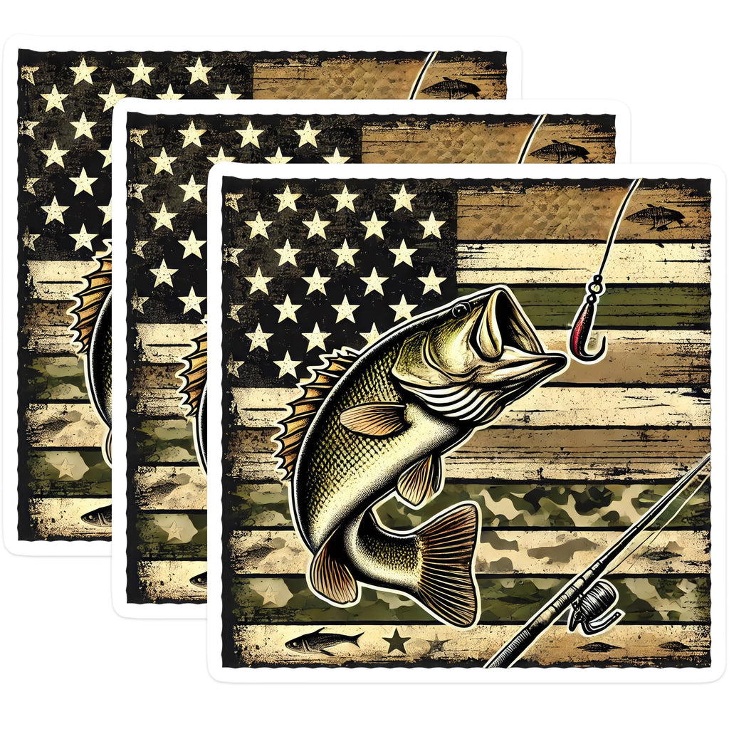 (3 Pack) Bass Fishing Decals - American Flag Fish - Laptop Decal - Tackle Box Sticker - 3 Inches On Longest Side - Easy Peel & Apply - Made in USA - 3MCS4466