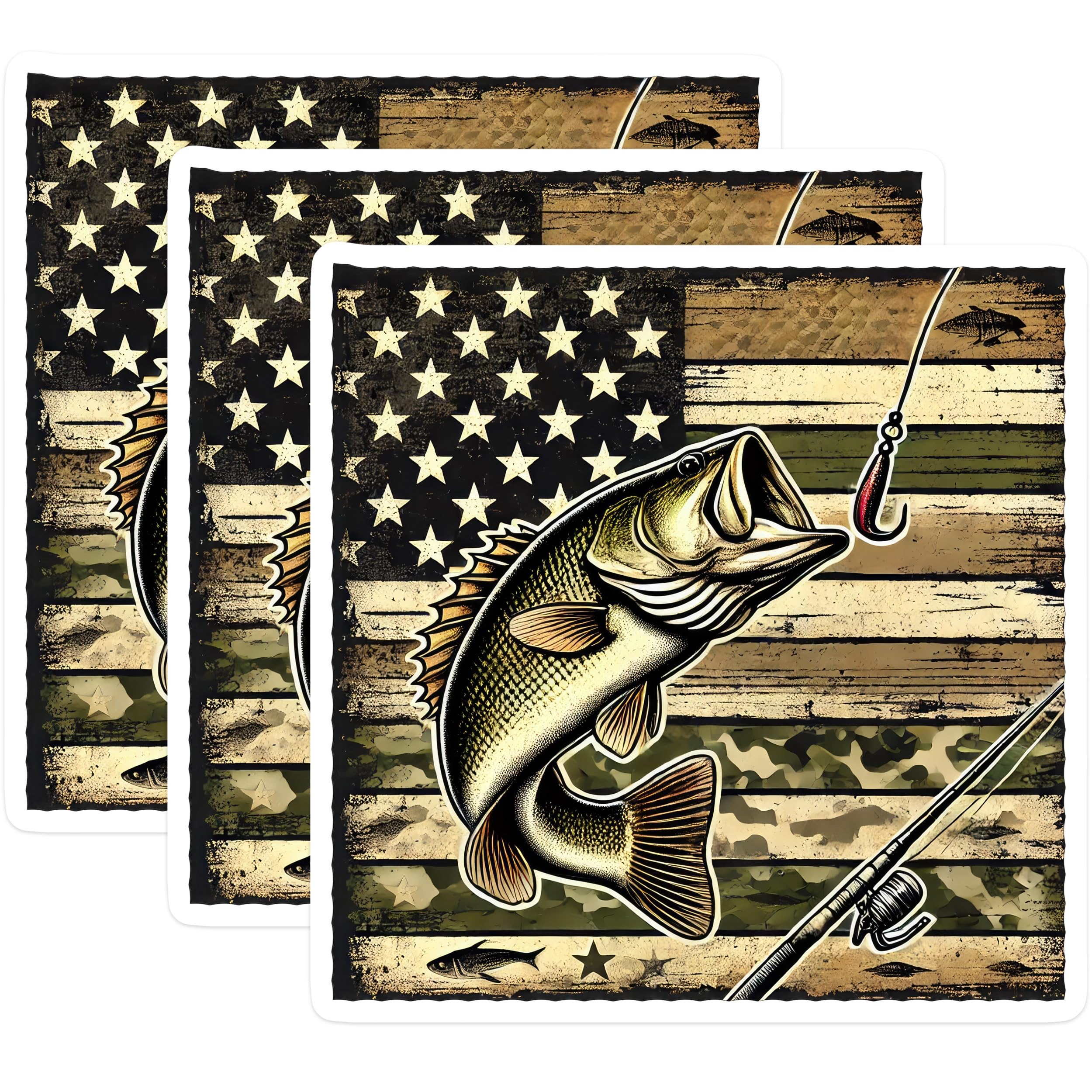 (3 Pack) Bass Fishing Decals - American Flag Fish - Laptop Decal - Tackle Box Sticker - 3 Inches On Longest Side - Easy Peel & Apply - Made in USA - 3MCS4466