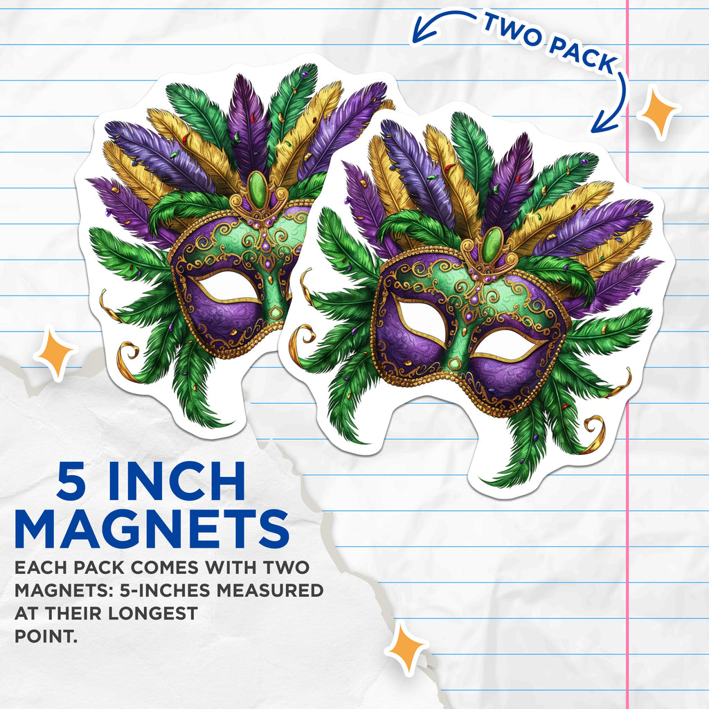 (2 Pack) Mardi Gras Mask Magnets - Carnival New Orleans Decor - Festive Party Home Accent - 5 Inches On Longest Side - Thick Durable Magnet - Made in USA - MAG38264