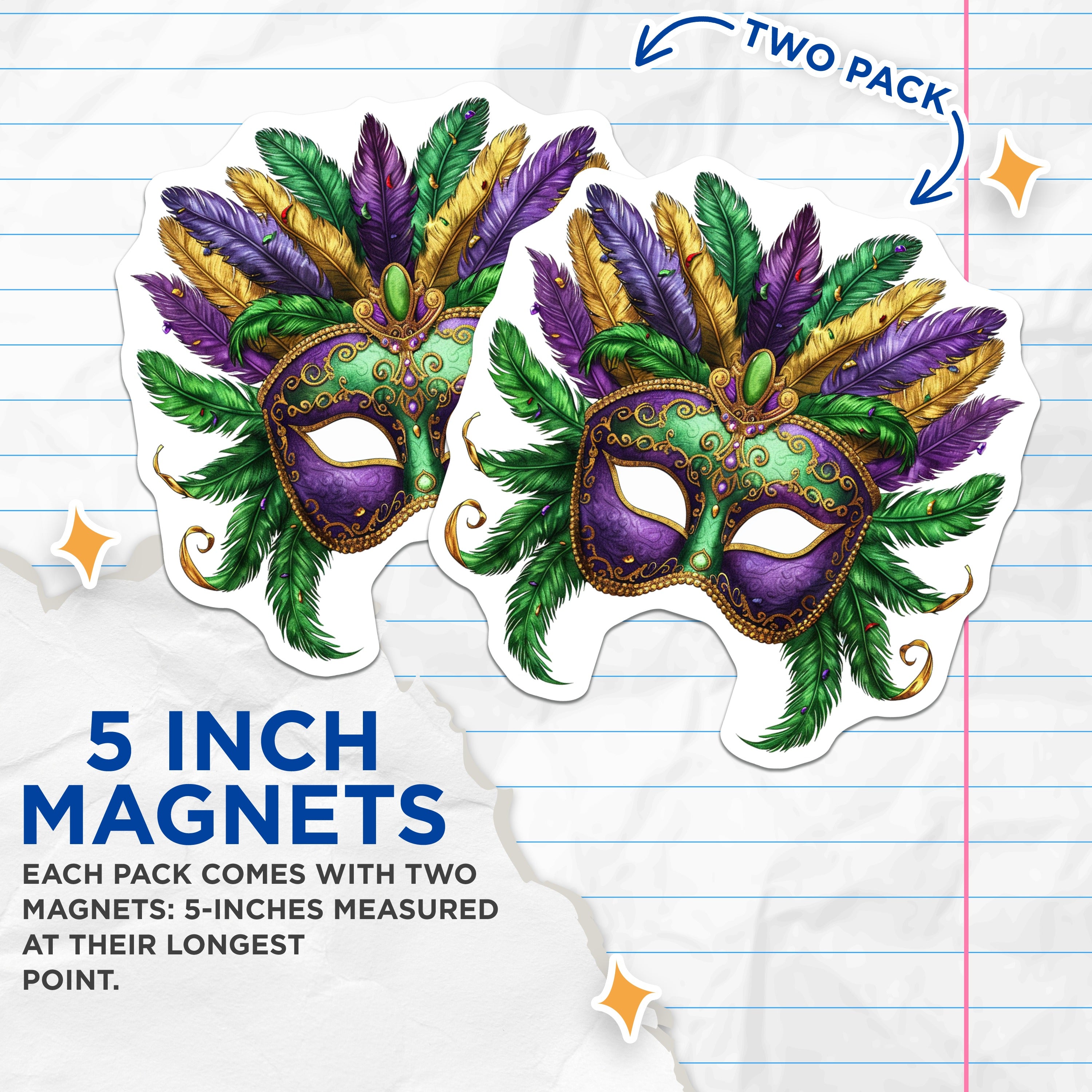 (2 Pack) Mardi Gras Mask Magnets - Carnival New Orleans Decor - Festive Party Home Accent - 5 Inches On Longest Side - Thick Durable Magnet - Made in USA - MAG38264