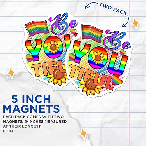 (2 Pack) Be You Tiful Magnets Magnets - Rainbow Pride Flag - Sunflower Design - 5" On Longest Side - Made in USA - Sticks to Refrigerators & Metal Surfaces - MAG9180