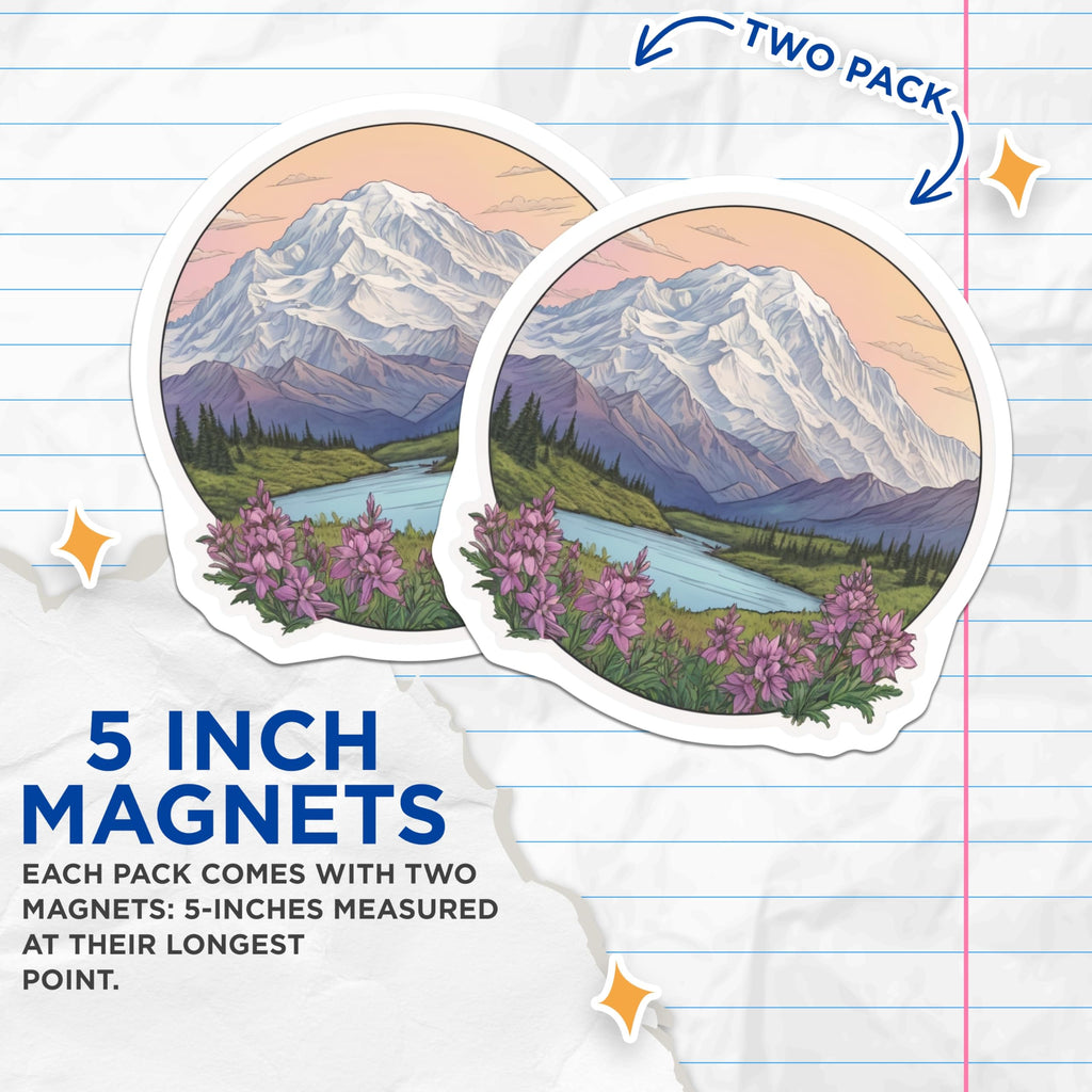 (2 Pack) Denali Alaska Magnets - Mountain Lake Art - Fridge Decor - 5" On Longest Side - Premium Magnet - for Cars, Refrigerators, Toolboxes, Lockers - Made in USA - MAG17513