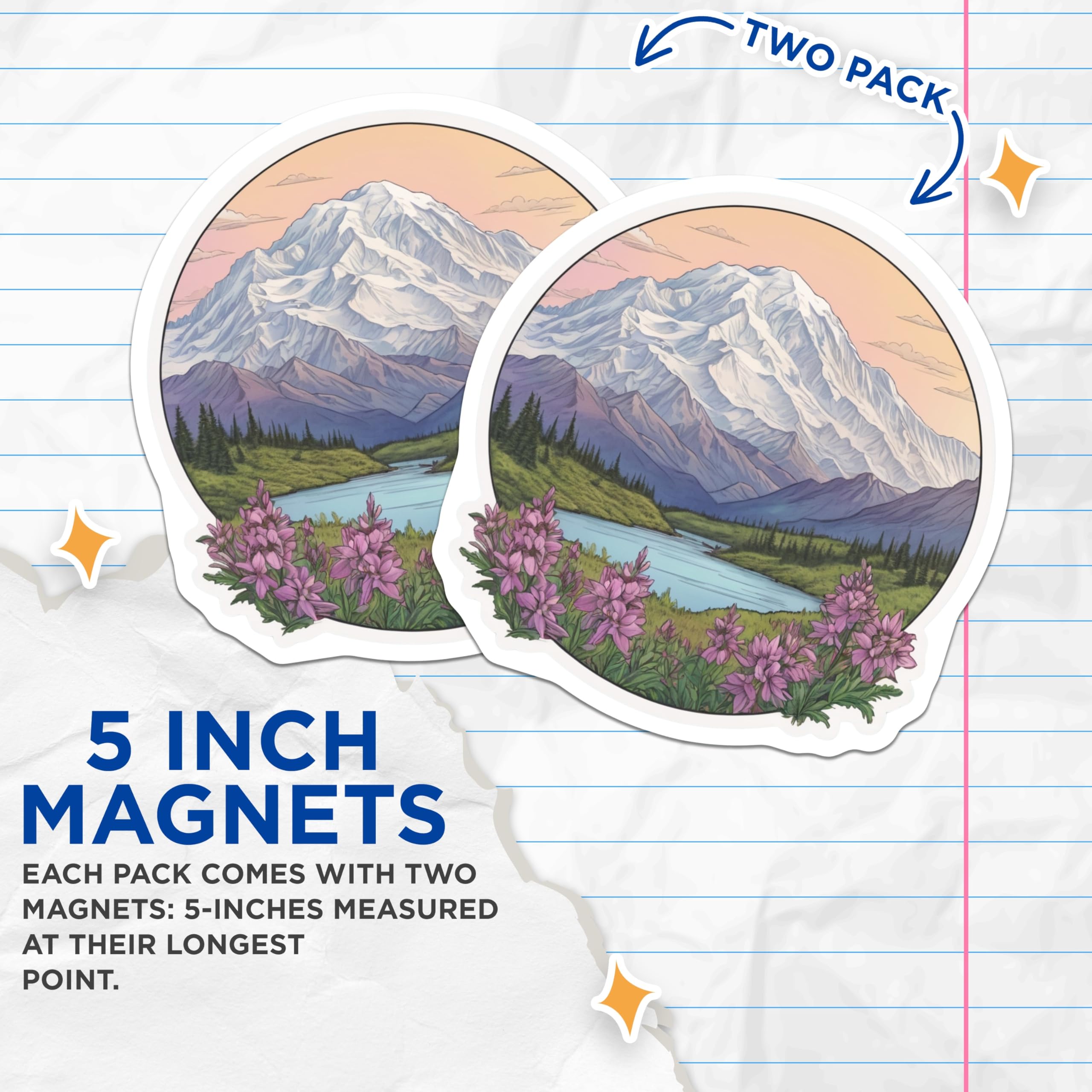 (2 Pack) Denali Alaska Magnets - Mountain Lake Art - Fridge Decor - 5" On Longest Side - Premium Magnet - for Cars, Refrigerators, Toolboxes, Lockers - Made in USA - MAG17513
