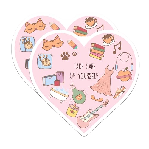 (2 Pack) Take Care of Yourself Stickers - Self Care Decor - Inspirational Heart Design - 5" On Longest Side - Sticks to Smooth Flat Surfaces - Made in USA - BMCS6857