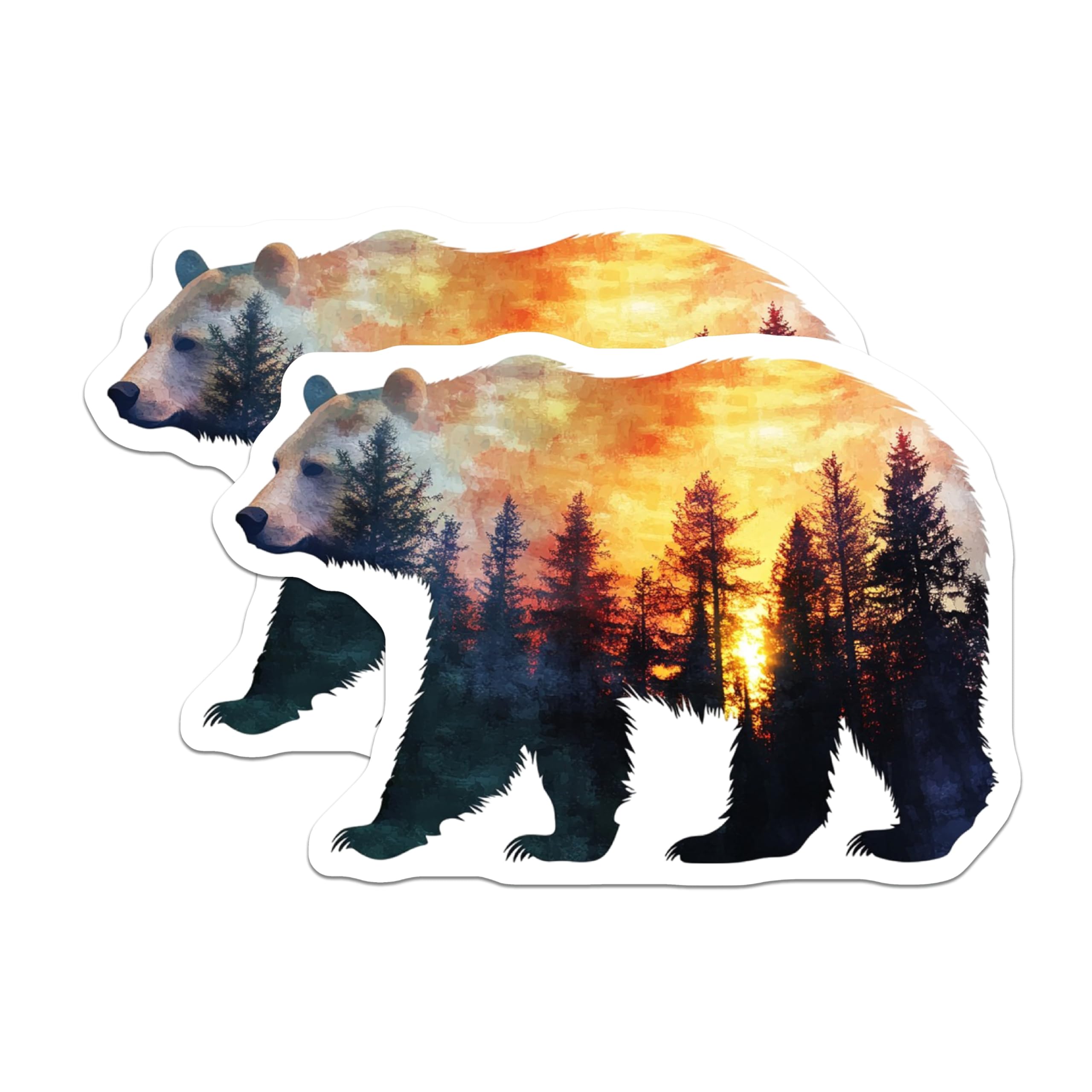 (2 Pack) Bear Silhouette Magnets - Forest Sunset Art - Nature Lover Decor Magnets - 5" On Longest Side - Premium Magnet - for Cars, Refrigerators, Toolboxes, Lockers - Made in USA - MAG16438