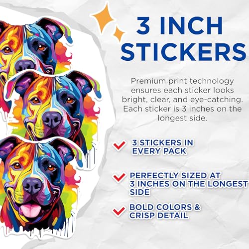 (3 Pack) Colorful Pitbull Decals - Dog Breed Art - Laptop Decals - 3 Inches On Longest Side - Easy Peel & Apply - Made in USA - 3MCS0628