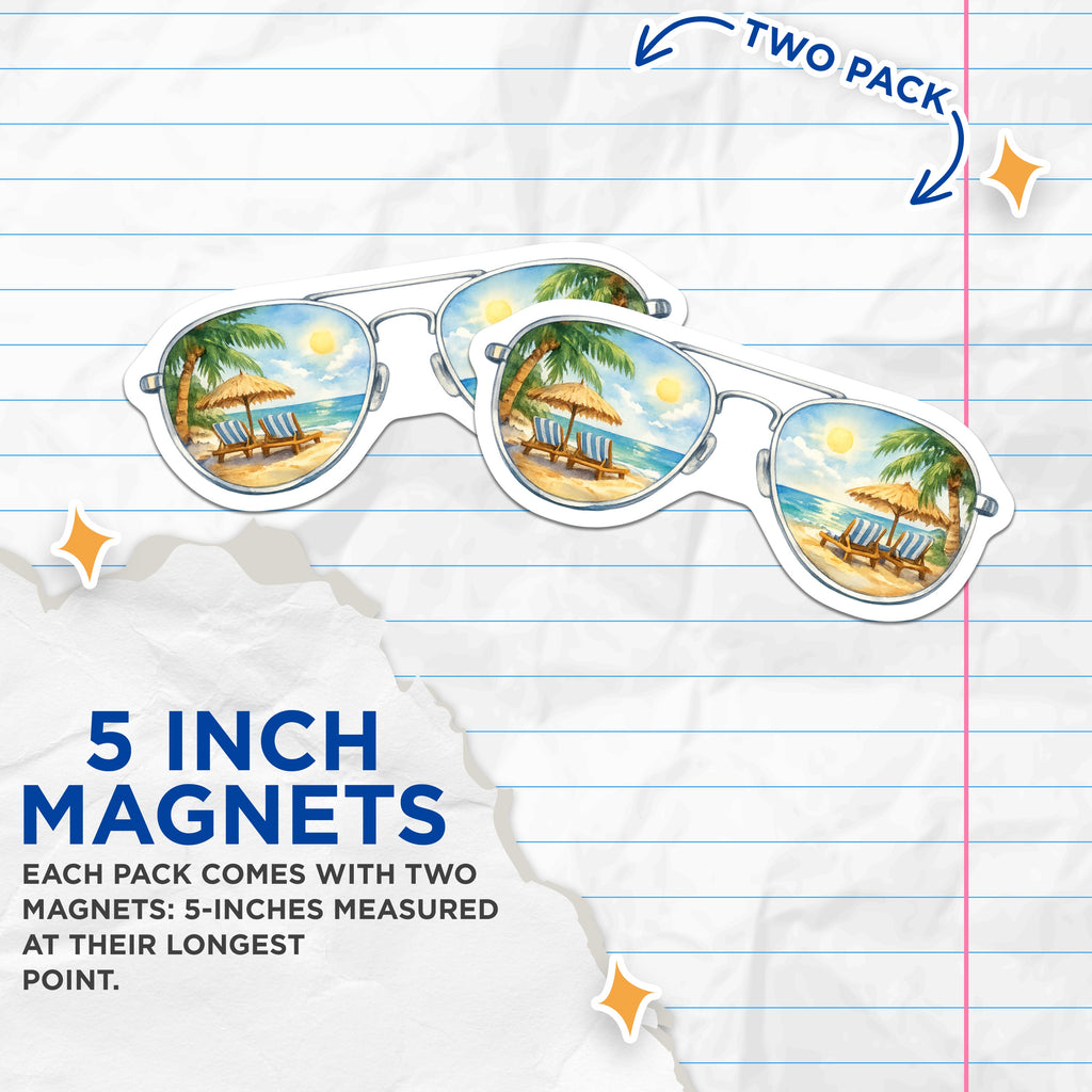 (2 Pack) Beach Vacation Magnets - Tropical Scene Aviator Sunglasses - Summer Travel Fridge Decor - 5 Inches On Longest Side - Thick Durable Magnet - Made in USA - MAG36145