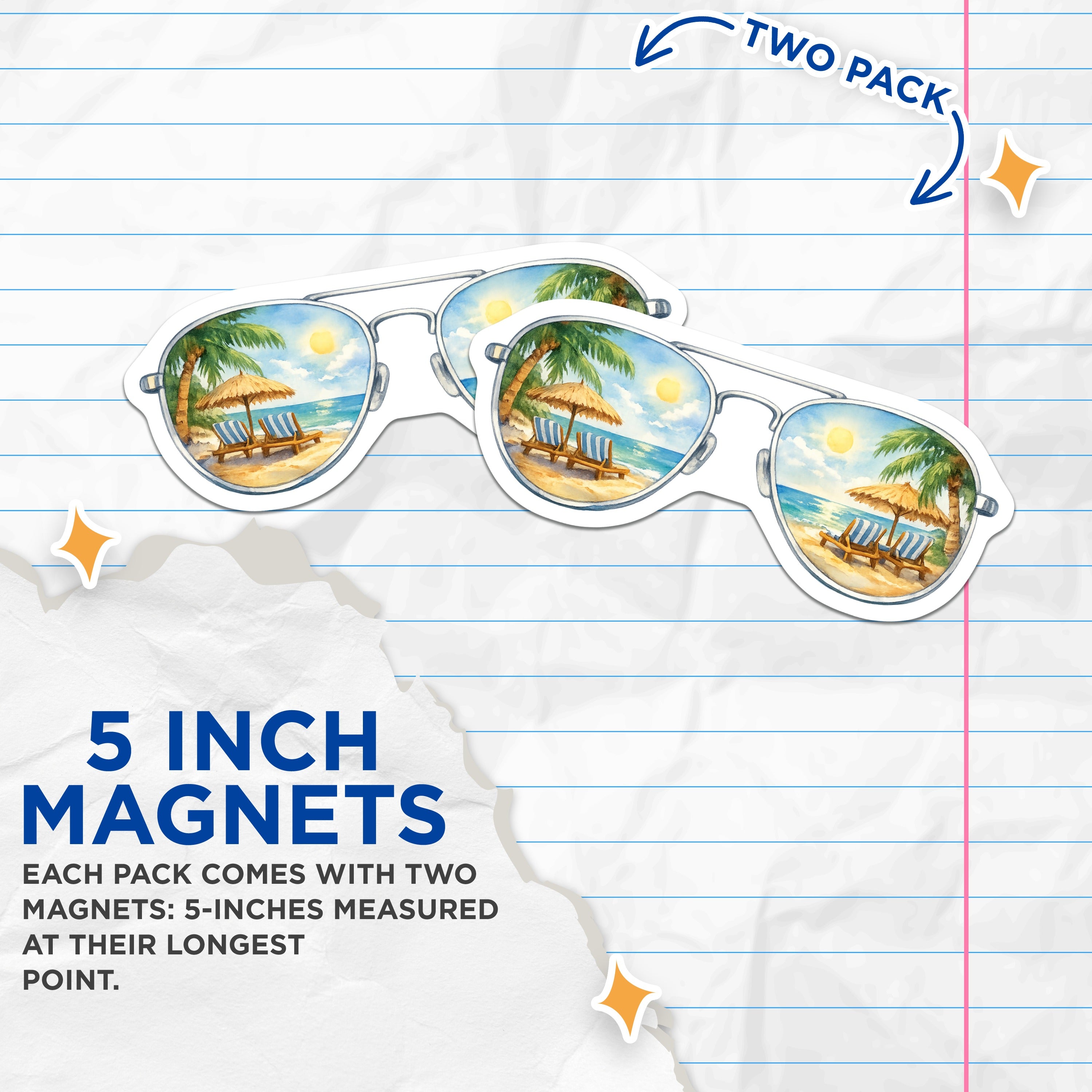(2 Pack) Beach Vacation Magnets - Tropical Scene Aviator Sunglasses - Summer Travel Fridge Decor - 5 Inches On Longest Side - Thick Durable Magnet - Made in USA - MAG36145