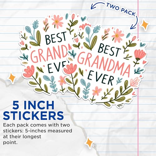(2 Pack) Best Grandma Ever Stickers - Floral Grandma Stickers - Grandmother Appreciation Stickers - 5" On Longest Side - Sticks to Any Smooth Flat Surface - Made in USA - BMCS2555