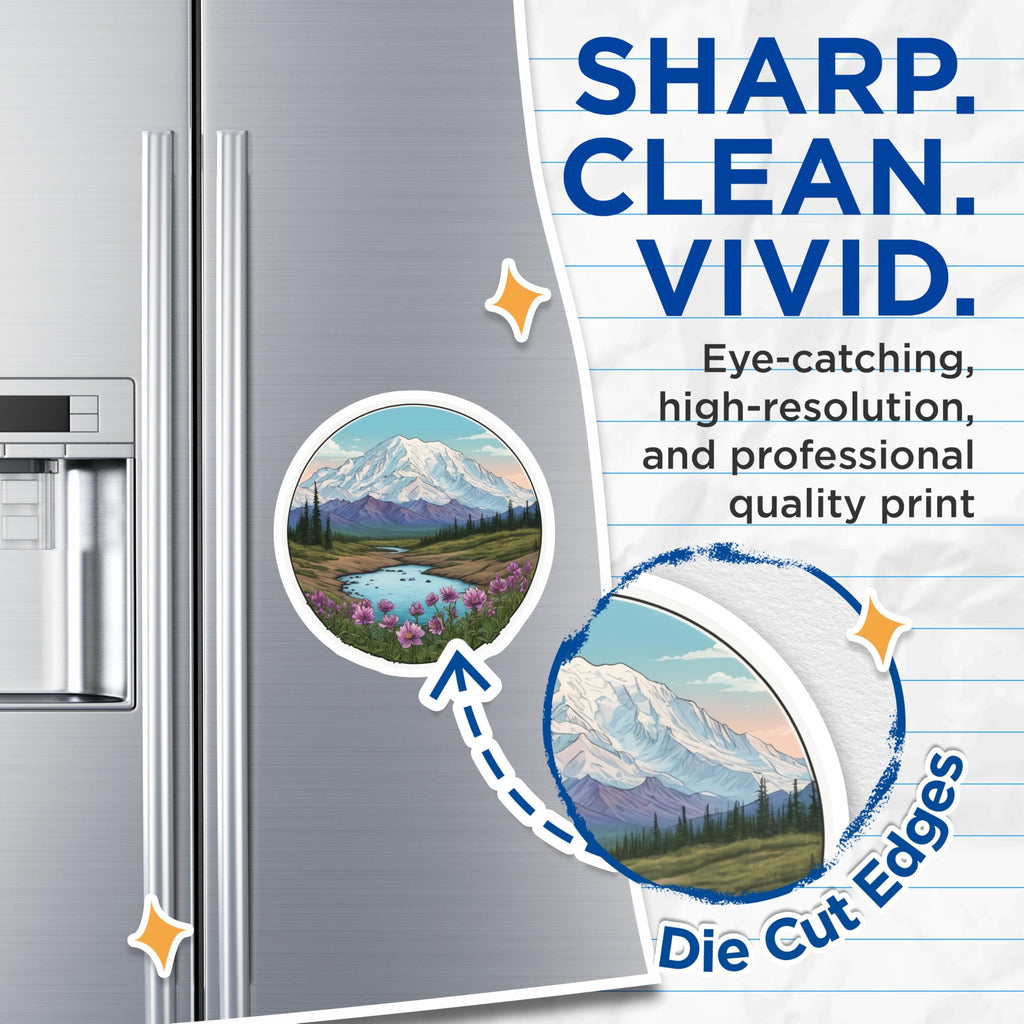 (2 Pack) Mountain Scene Magnets - Snowy Peak Art - Landscape Illustration Decor - 5" On Longest Side - Premium Magnet - for Cars, Refrigerators, Toolboxes, Lockers - Made in USA - MAG18494