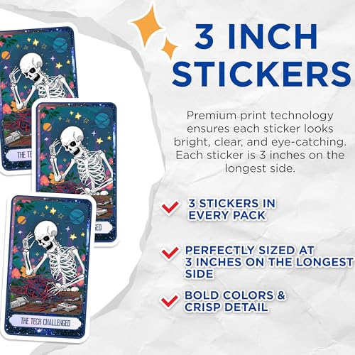 (3 Pack) Tech Challenged Decals - Funny Skeleton - Laptop Decal - Humorous Stickers - 3 Inches On Longest Side - Easy Peel & Apply - Made in USA - 3MCS0002