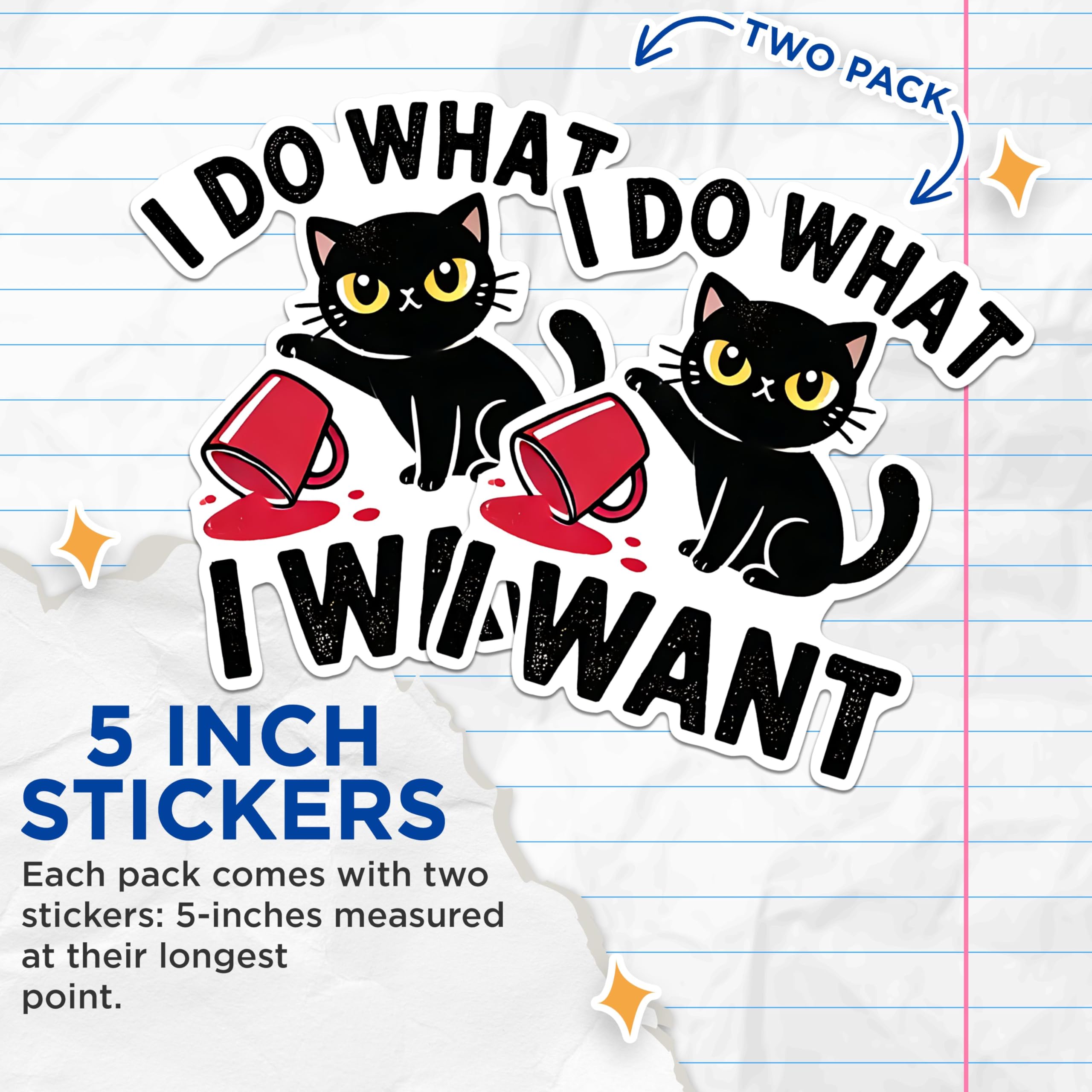 (2 Pack) Cat Humor Stickers - Cute Cat Knocking Mug Stickers - Funny Cat Saying Stickers - 5" On Longest Side - Sticks to Any Smooth Flat Surface - Made in USA - BMCS2798