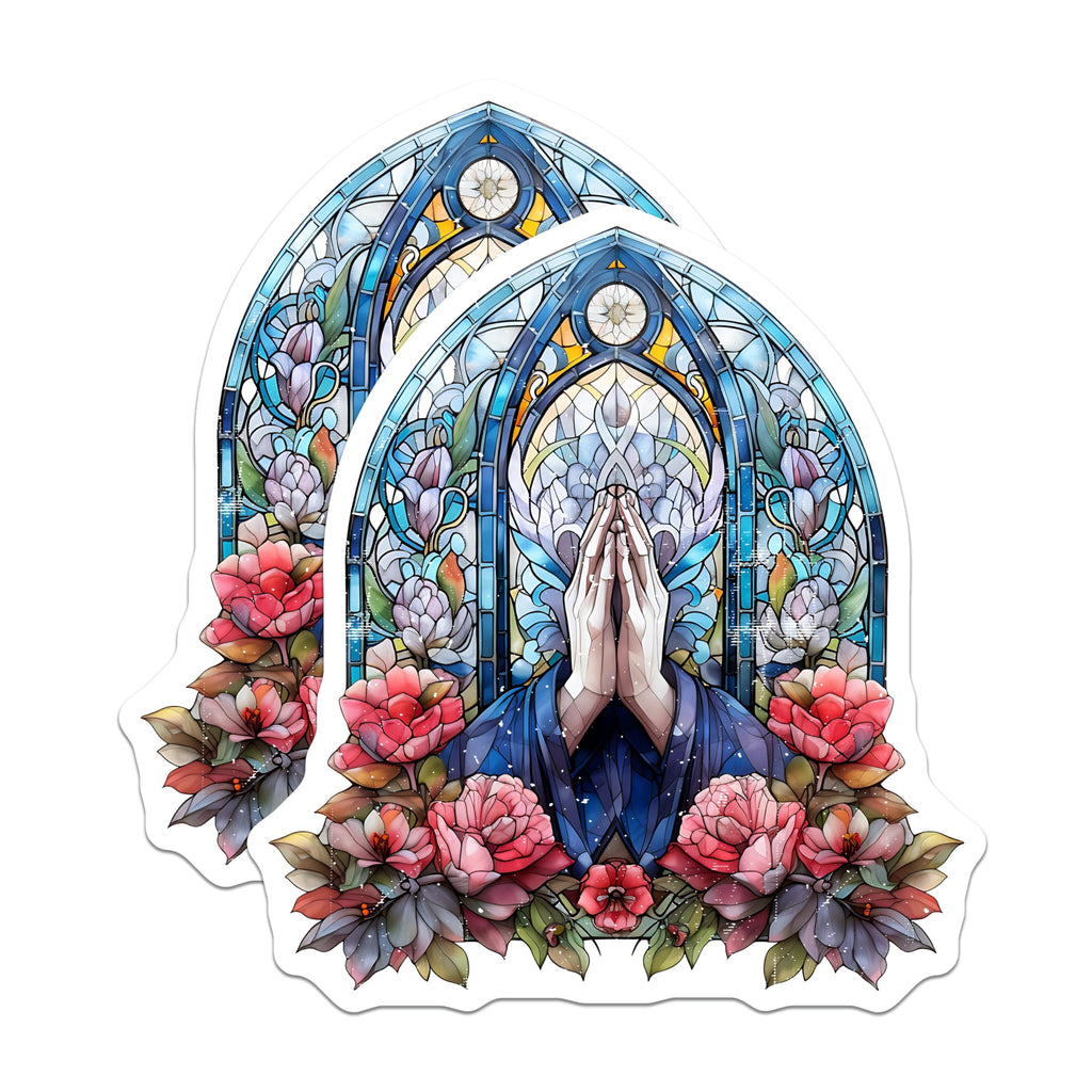 (2 Pack) Stained Glass Magnets - Spiritual Hands Art - Chapel Window Inspired Floral Design - Religious Devotion Decor - 5 Inches On Longest Side - Thick Durable Magnet - Made in USA - MAG23952