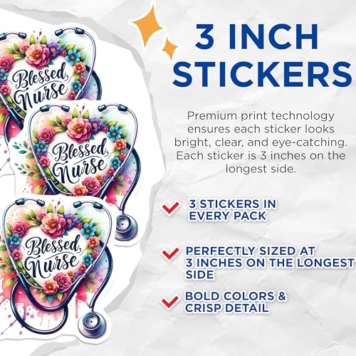 (3 Pack) Blessed Nurse Decals - Floral Stethoscope - Medical Profession Decor- 3 Inches On Longest Side - Easy Peel & Apply - Made in USA - 3MCS5738