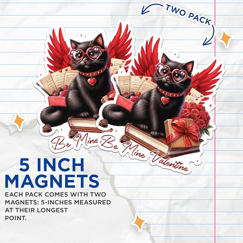 (2 Pack) Be Mine Valentine Cat Magnets - Romantic Black Cat Magnets - Valentine's Day Cat Decor- 5" On Longest Side - for Fridges, Toolboxes, Cars - Made in USA - MAG2581
