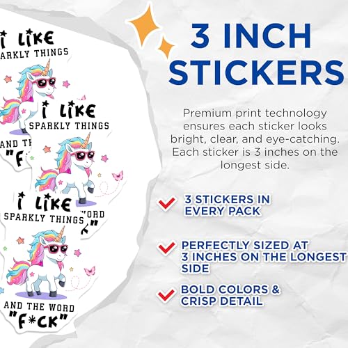 (3 Pack) Unicorn Laptop Decals - Sparkly Things - Funny Offensive - 3 Inches On Longest Side - Easy Peel & Apply - Made in USA - 3MCS6570