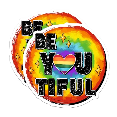 (2 Pack) Be You Tiful Stickers - Rainbow Pride - Inspirational Quote - 5" On Longest Side - Sticks to Smooth Flat Surfaces - Made in USA - BMCS8278