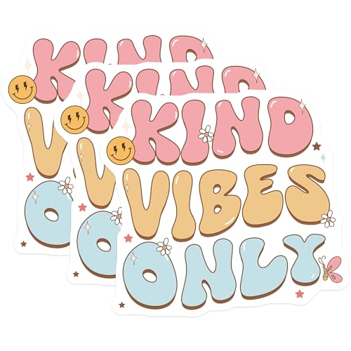 (3 Pack) Kind Vibes Only Decals - Retro Positive Message - Smiley Face Flower Laptop Decals- 3 Inches On Longest Side - Easy Peel & Apply - Made in USA - 3MCS5869