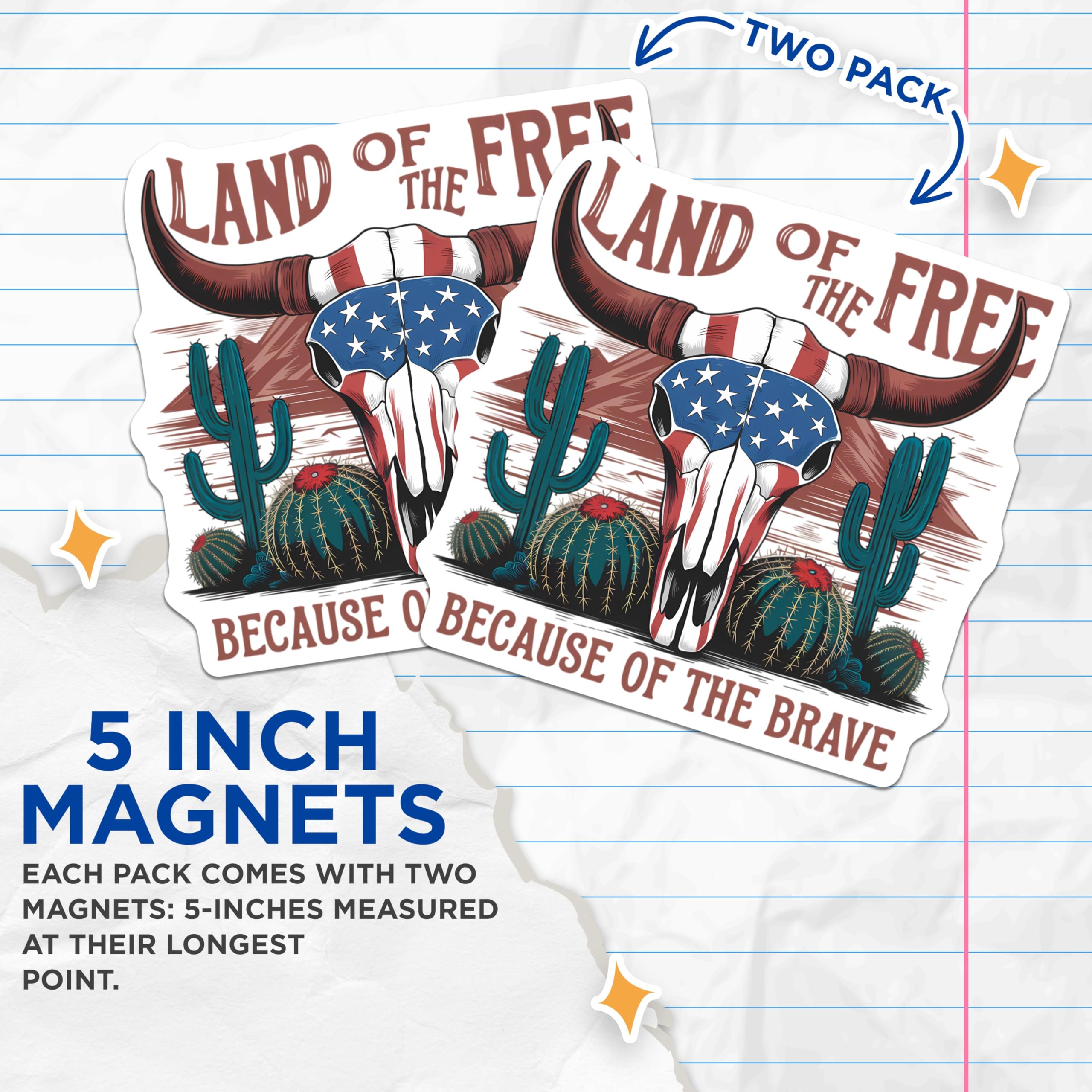 (2 Pack) American Flag Bull Skull Magnets - Patriotic Western Cactus Desert Decor - Land of the Free Brave Quote Art - 5 Inches On Longest Side - Thick Durable Magnet - Made in USA - MAG20454