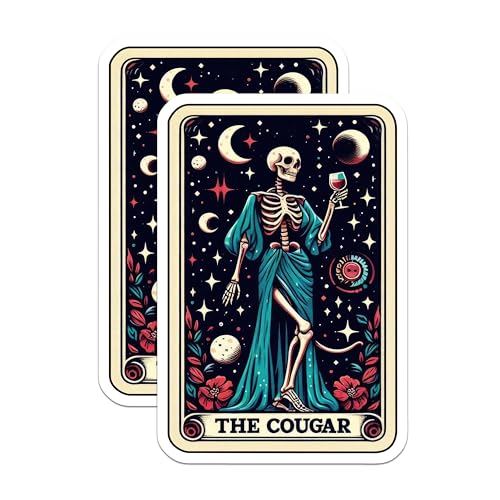 (2 Pack) Skeleton Cougar Stickers - Retro Skeleton Tarot Stickers - Spooky Skeleton Halloween Stickers - 5" On Longest Side - Sticks to Smooth Flat Surfaces - Made in USA - BMCS5372