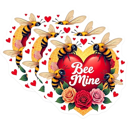 (3 Pack) Bee Mine Decals - Honeybee Love - Valentine Heart Laptop Decal - 3 Inches On Longest Side - Easy Peel & Apply - Made in USA - 3MCS8622