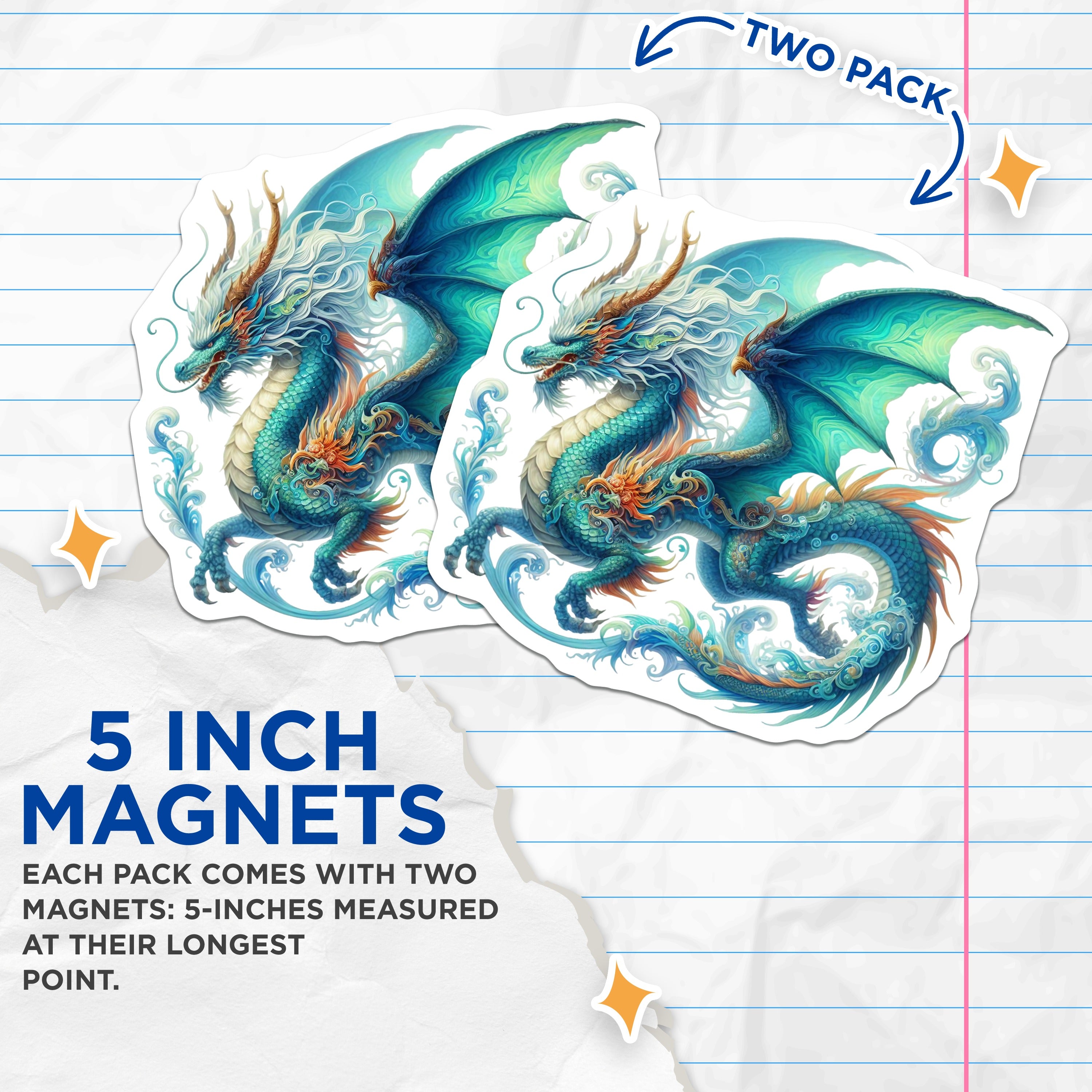 (2 Pack) Blue Water Dragon Magnets - Fantasy Creature Art - Mythical Beast Decor - Asian Inspired Fridge - 5 Inches On Longest Side - Thick Durable Magnet - Made in USA - MAG36317