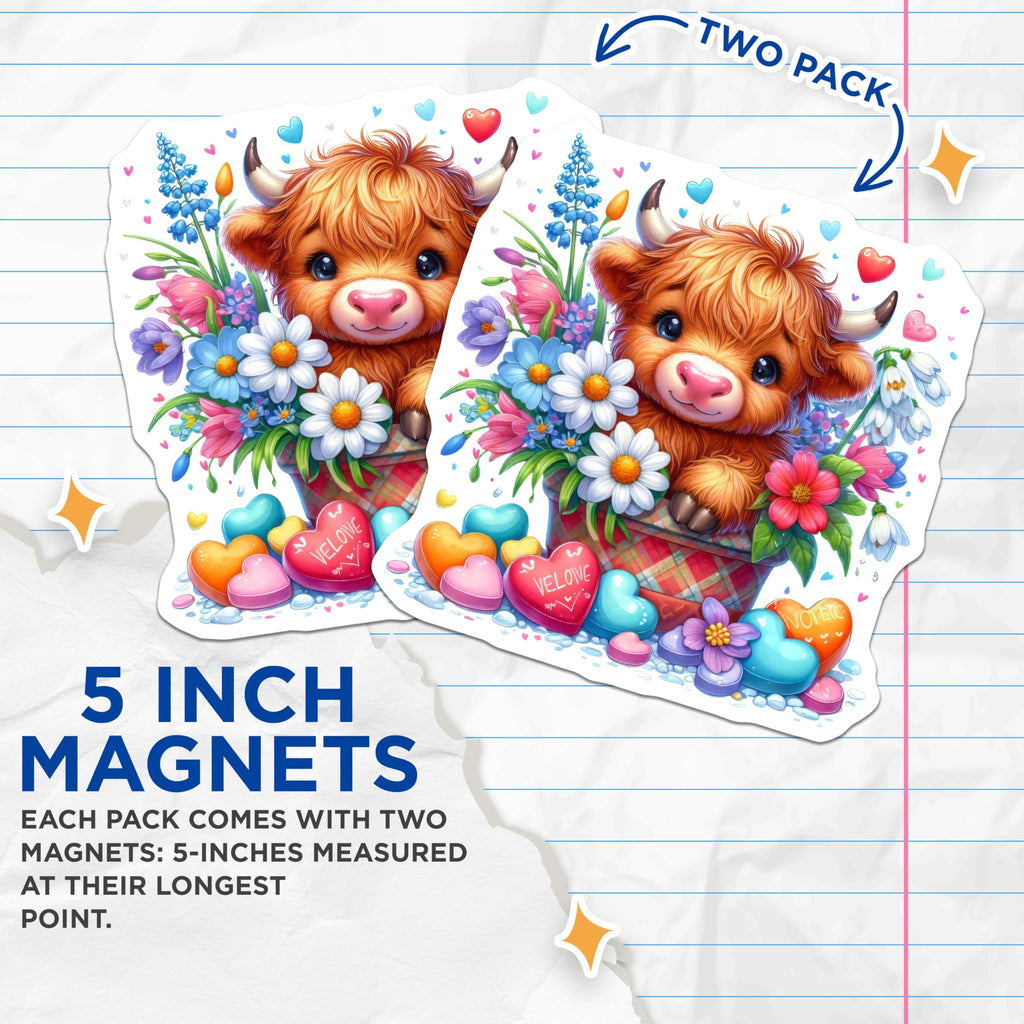 (2 Pack) Highland Cow Magnets - Floral Spring Decor - Cute Animal Magnets - 5" On Longest Side - Premium Magnet - for Cars, Refrigerators, Toolboxes, Lockers - Made in USA - MAG15941