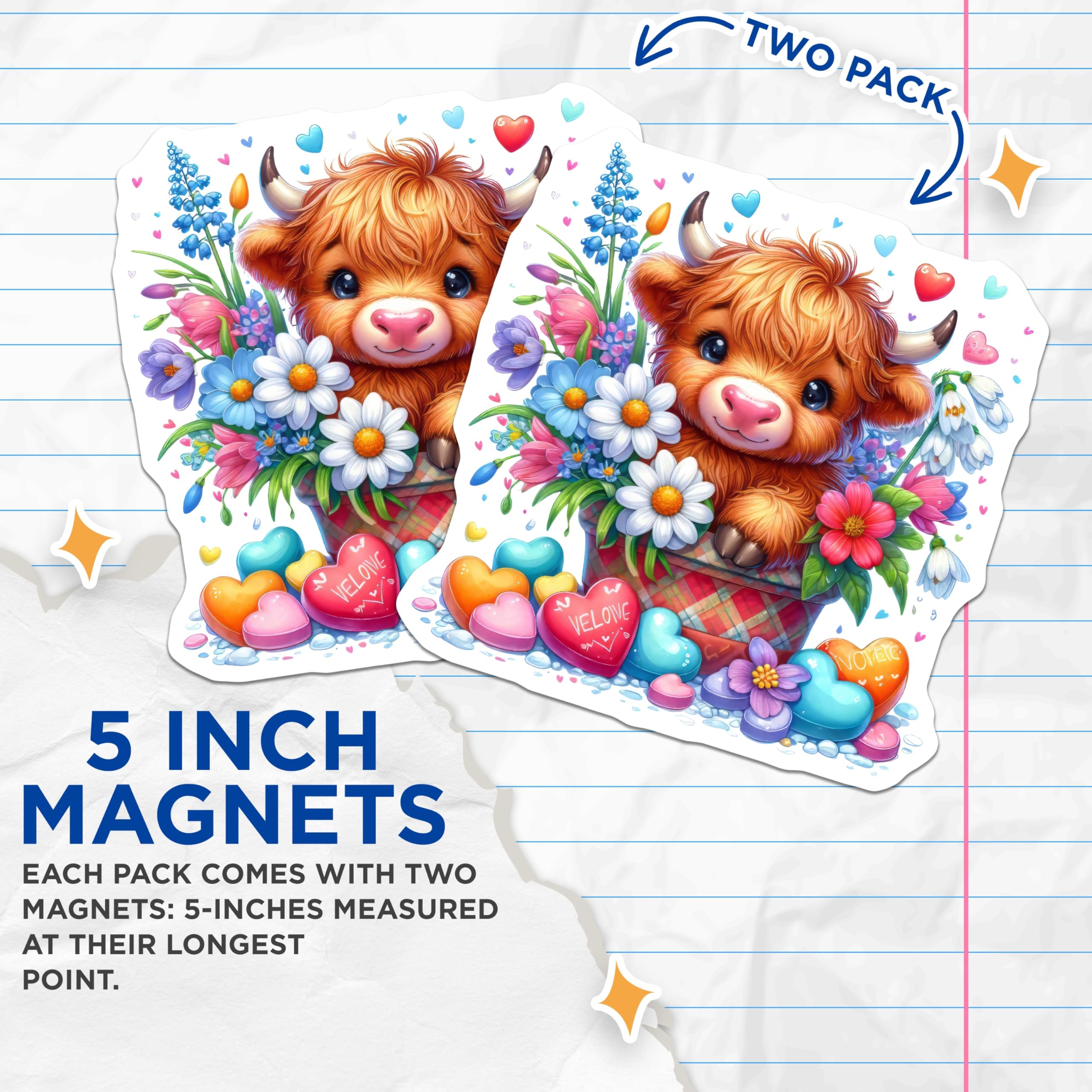 (2 Pack) Highland Cow Magnets - Floral Spring Decor - Cute Animal Magnets - 5" On Longest Side - Premium Magnet - for Cars, Refrigerators, Toolboxes, Lockers - Made in USA - MAG15941